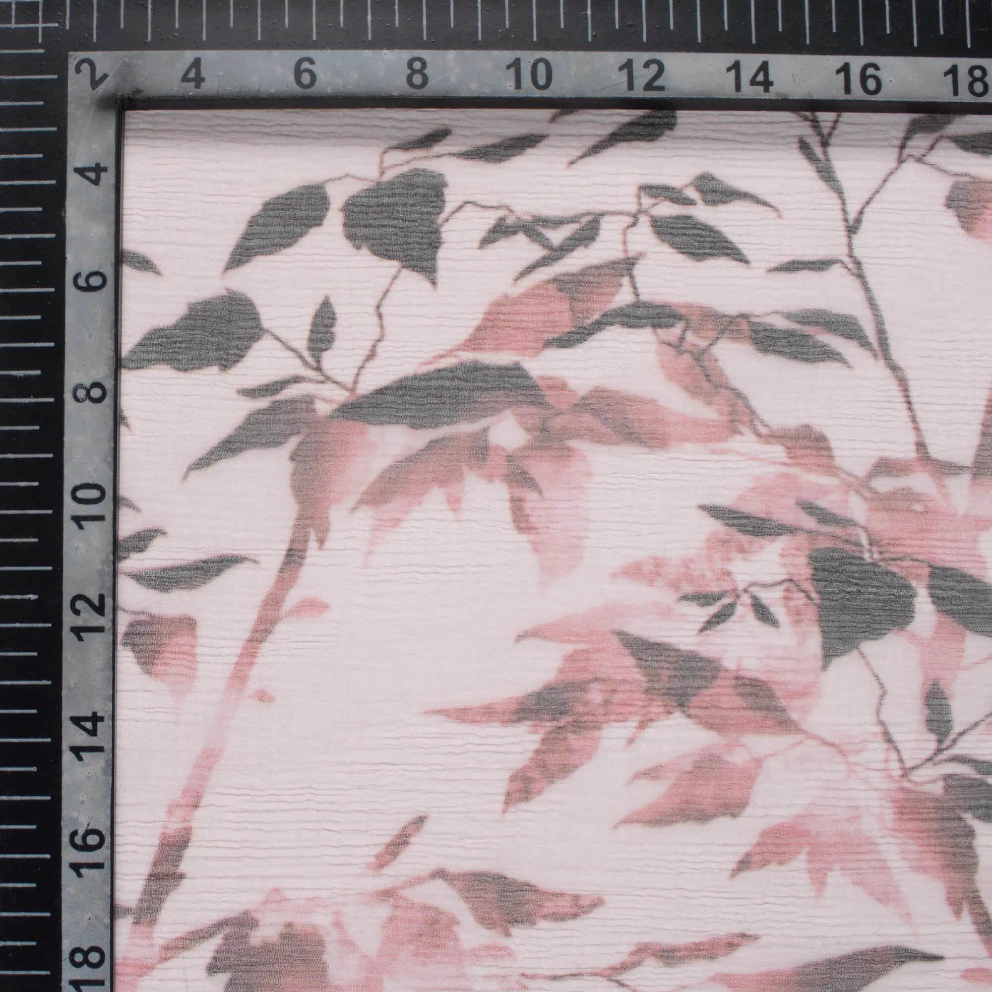 Leaf Pattern Dusty Pink and Black Bemberg Chiffon Fabric with Digital Print.