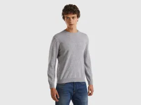 Light Gray Merino Wool Crew Neck Sweater - Benetton