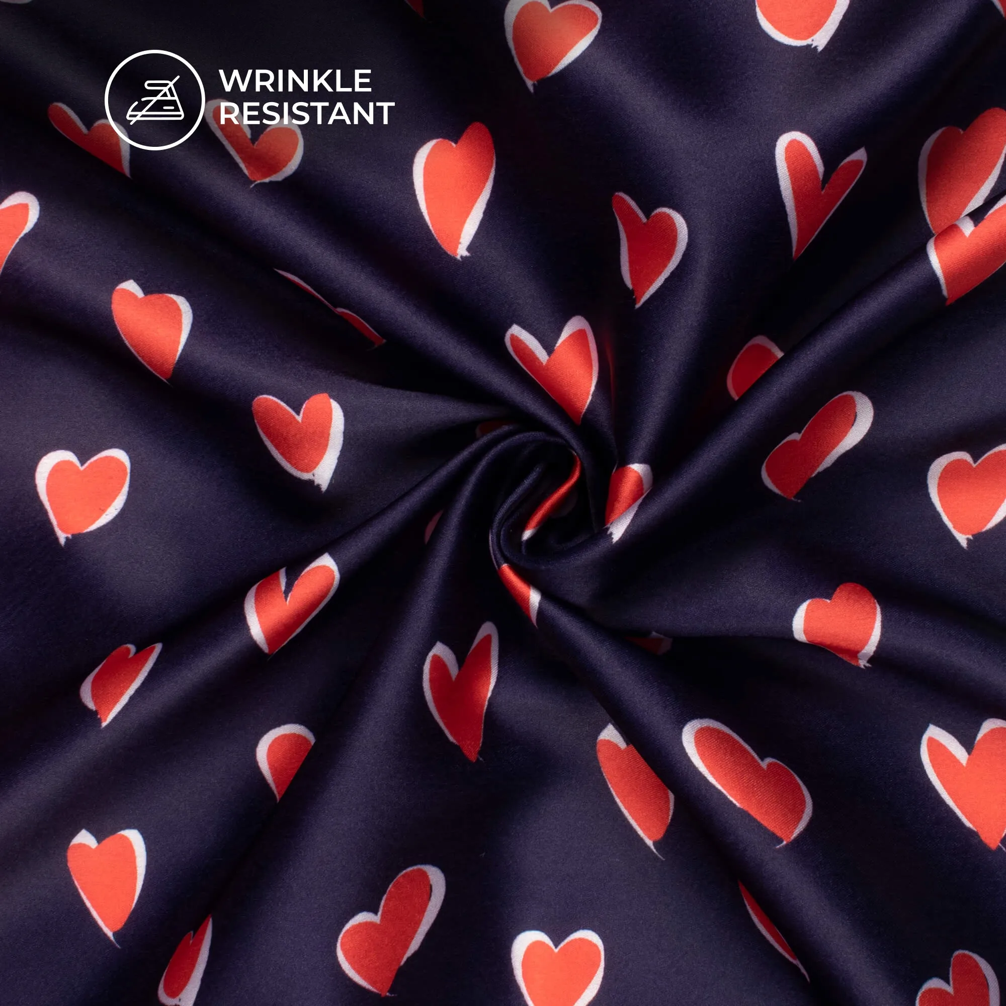 Navy Blue Red Heart Japan Satin Fabric