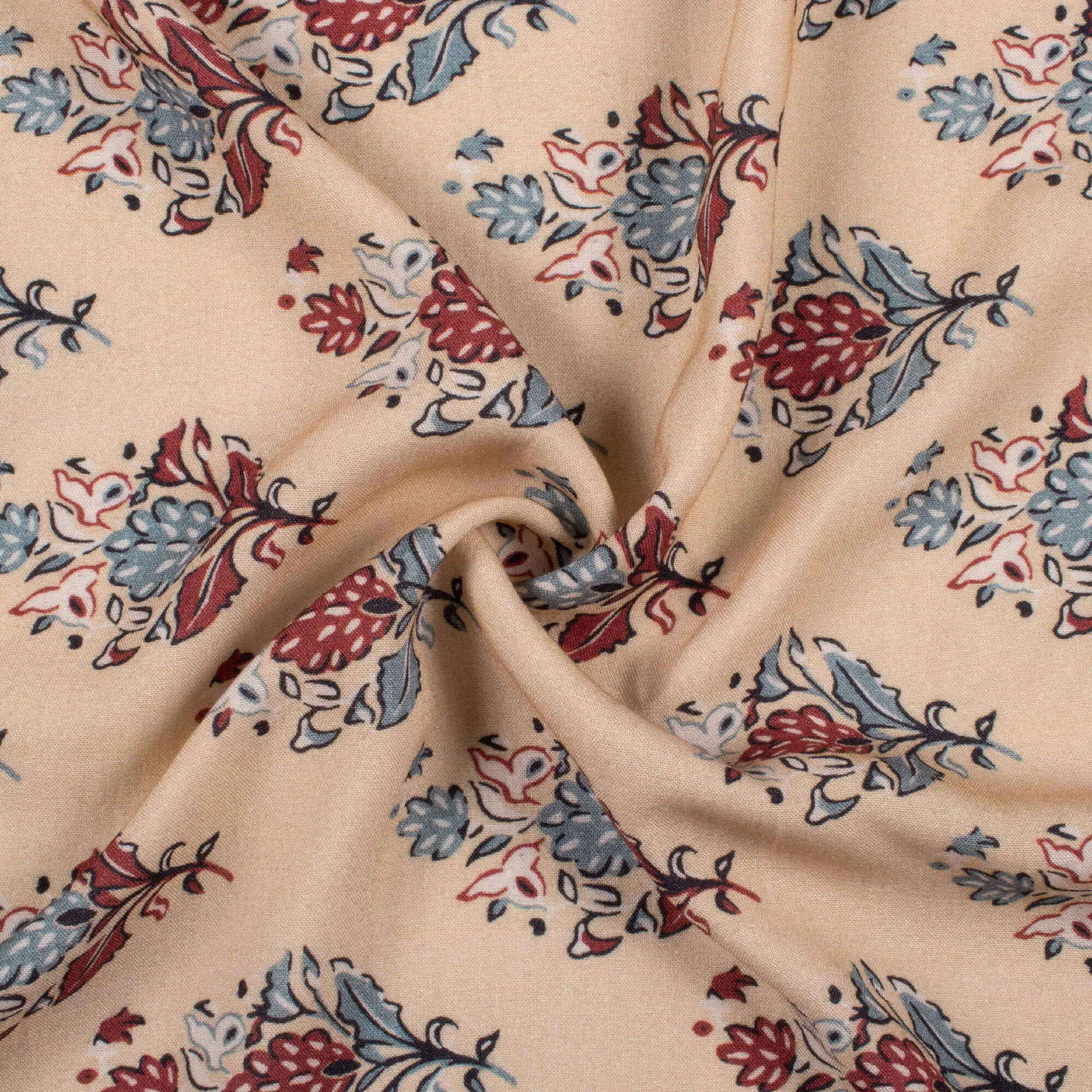 Oat Beige Maroon Floral Print Viscose Rayon Fabric 58 Inches Width