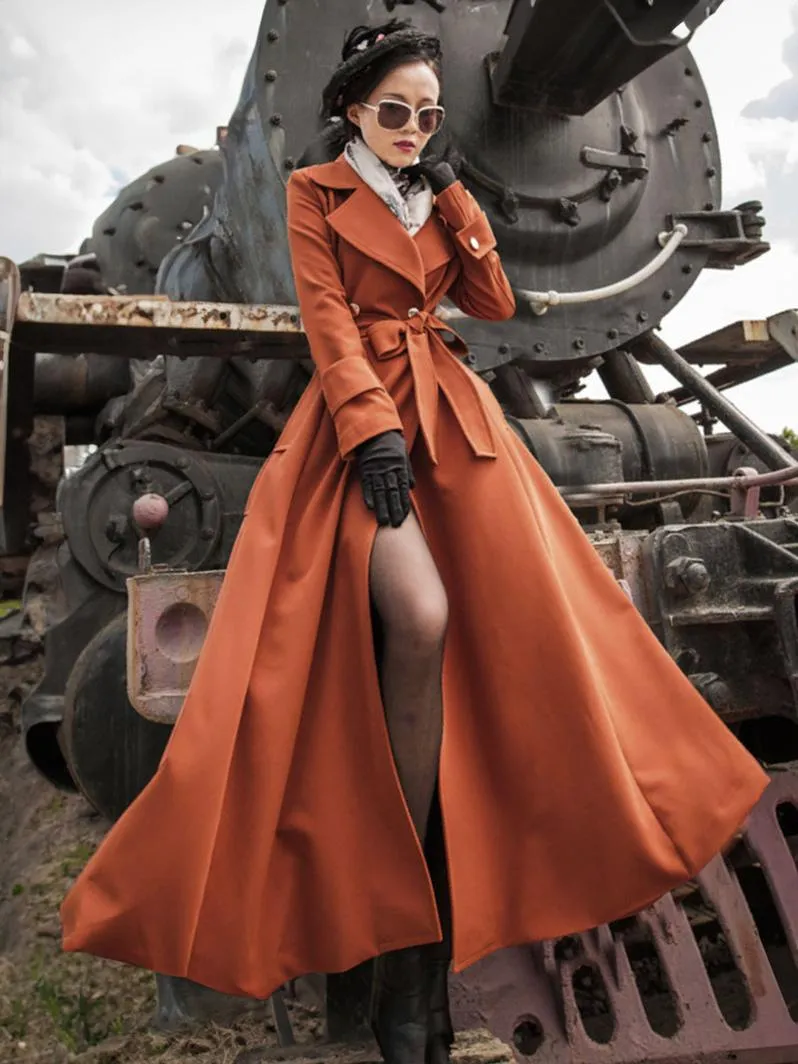 Orange Red V Neck Long Sleeves Sash Stretch Full Length Coat Women