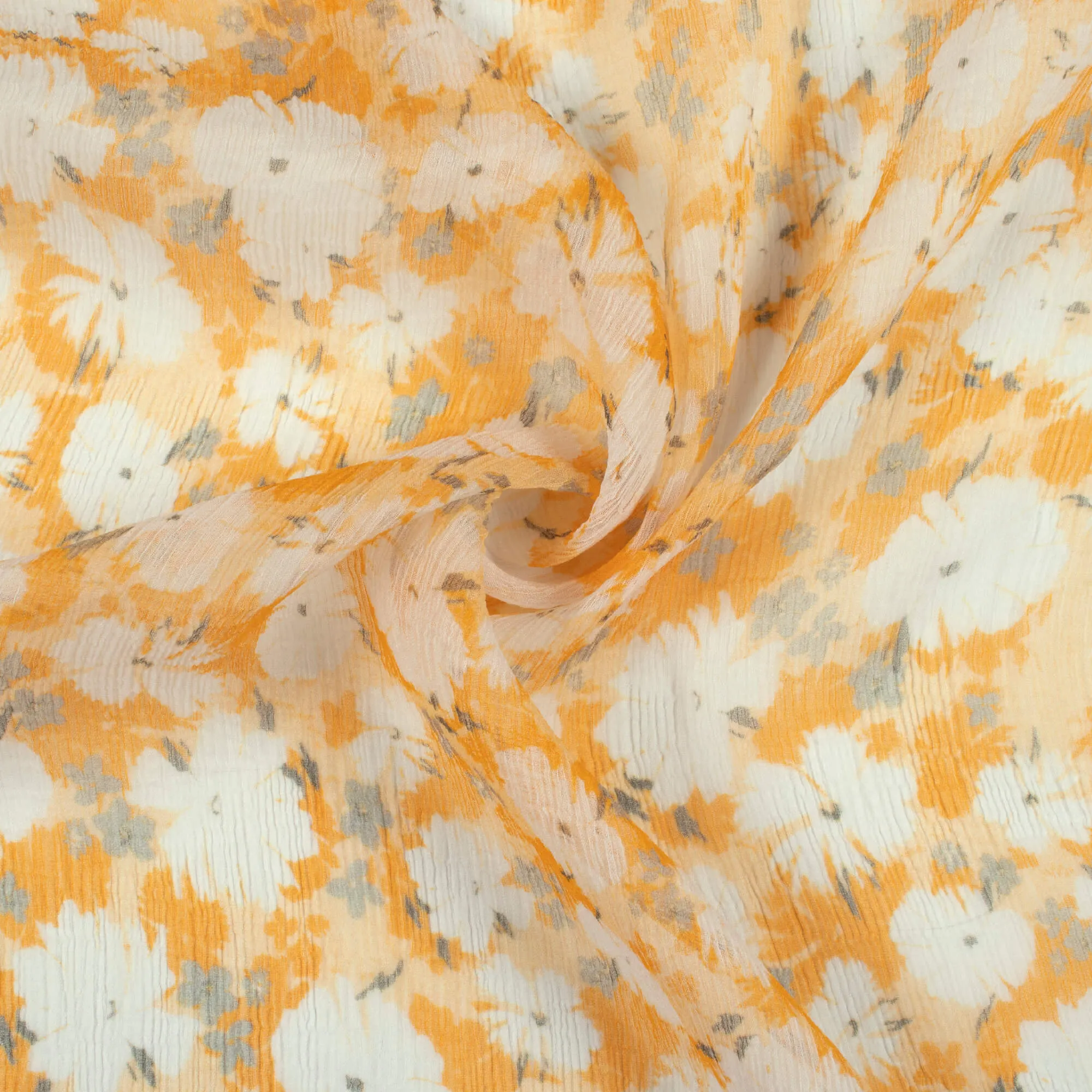 Orange White Floral Bemberg Chiffon Fabric Digital Print