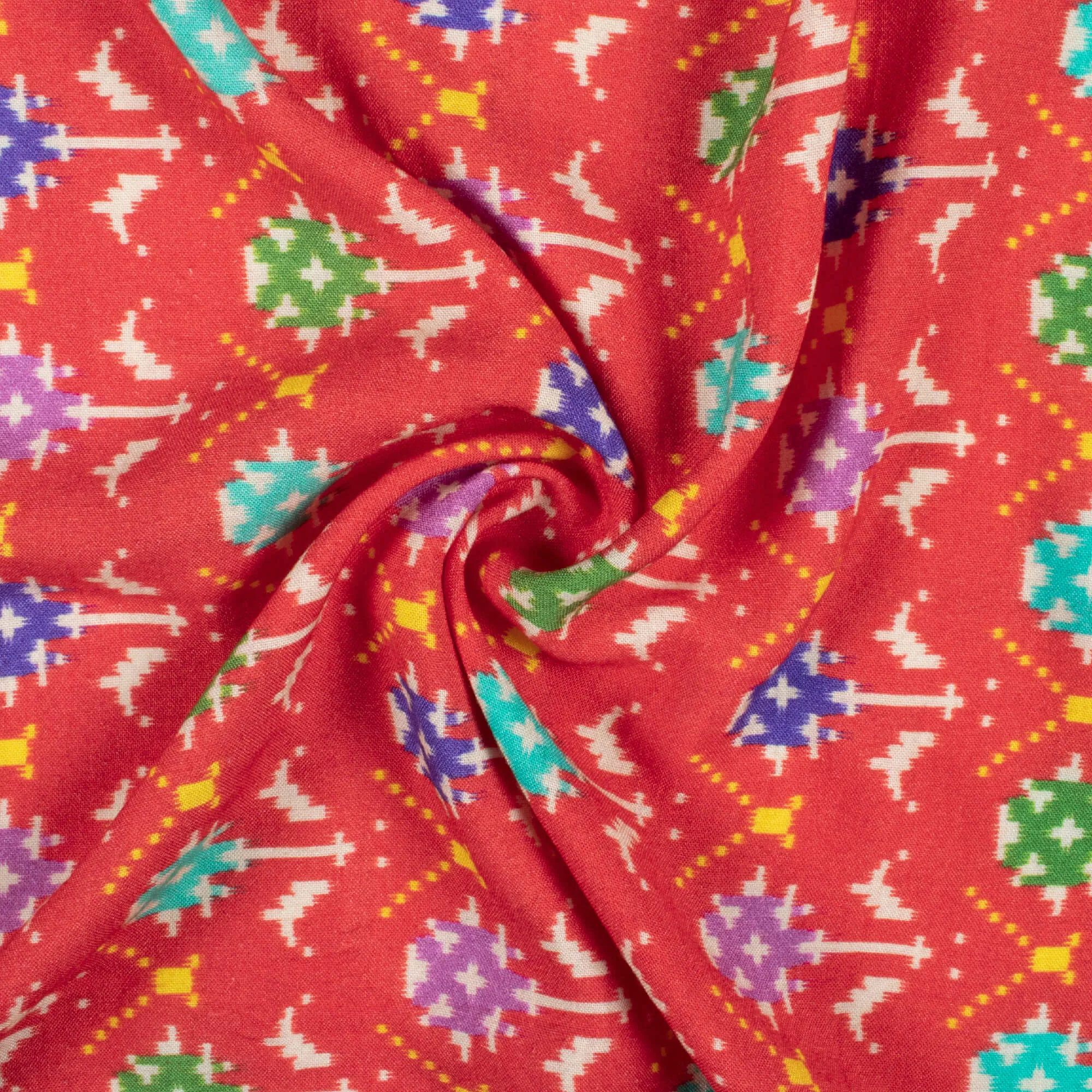 Patola Pattern Digital Print Viscose Rayon Fabric in Vermilion Red And Blue, 58 Inches Width