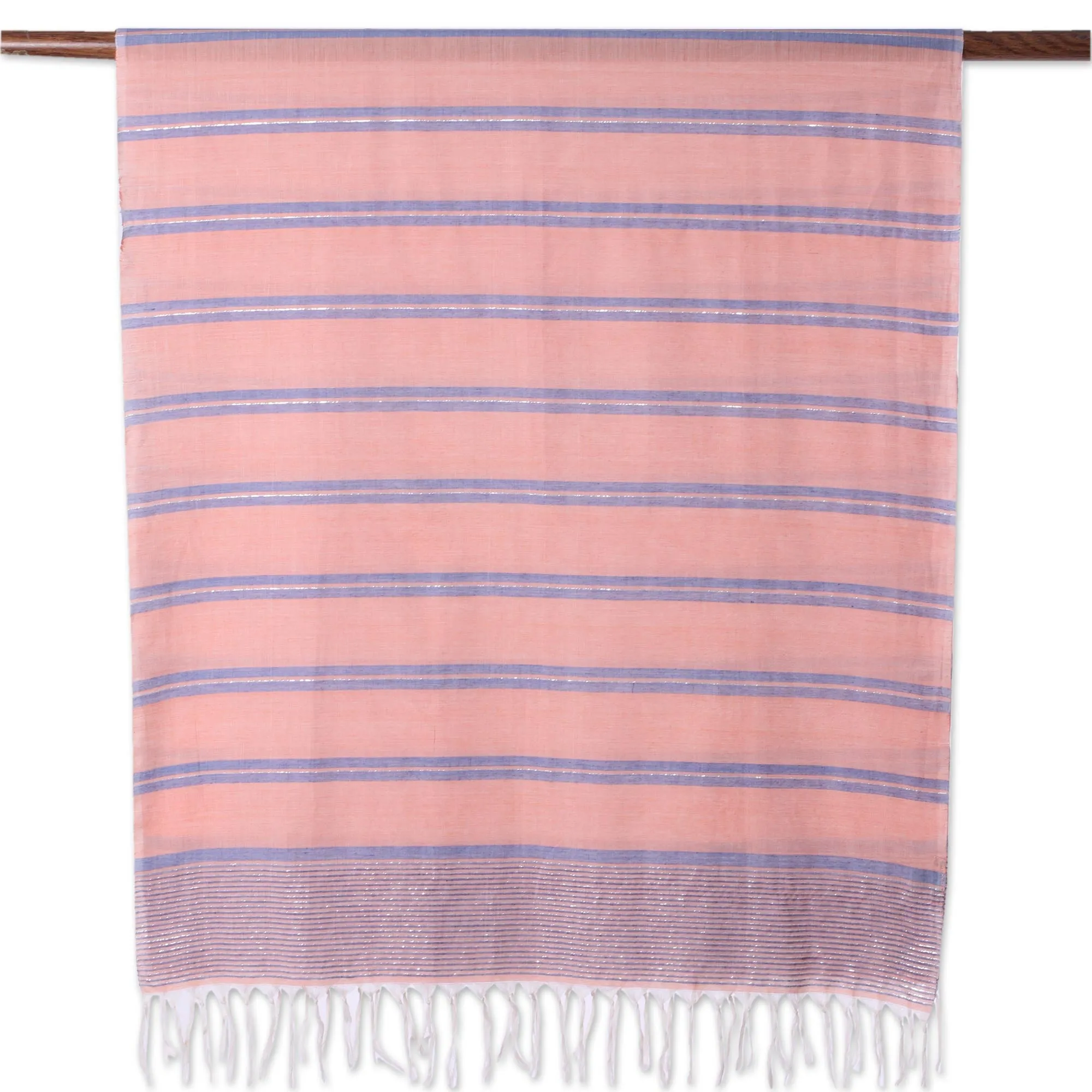 Peach Cotton Scarf with Blue Stripes from India - Hand Woven Melon Stripes