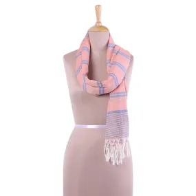 Peach Cotton Scarf with Blue Stripes from India - Hand Woven Melon Stripes