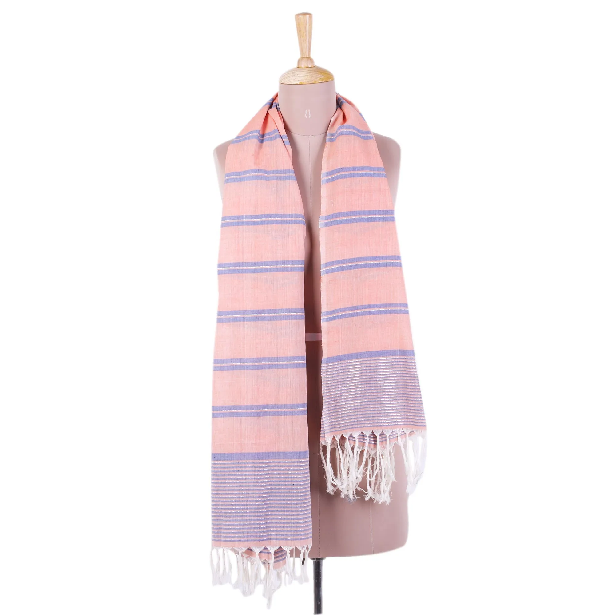 Peach Cotton Scarf with Blue Stripes from India - Hand Woven Melon Stripes