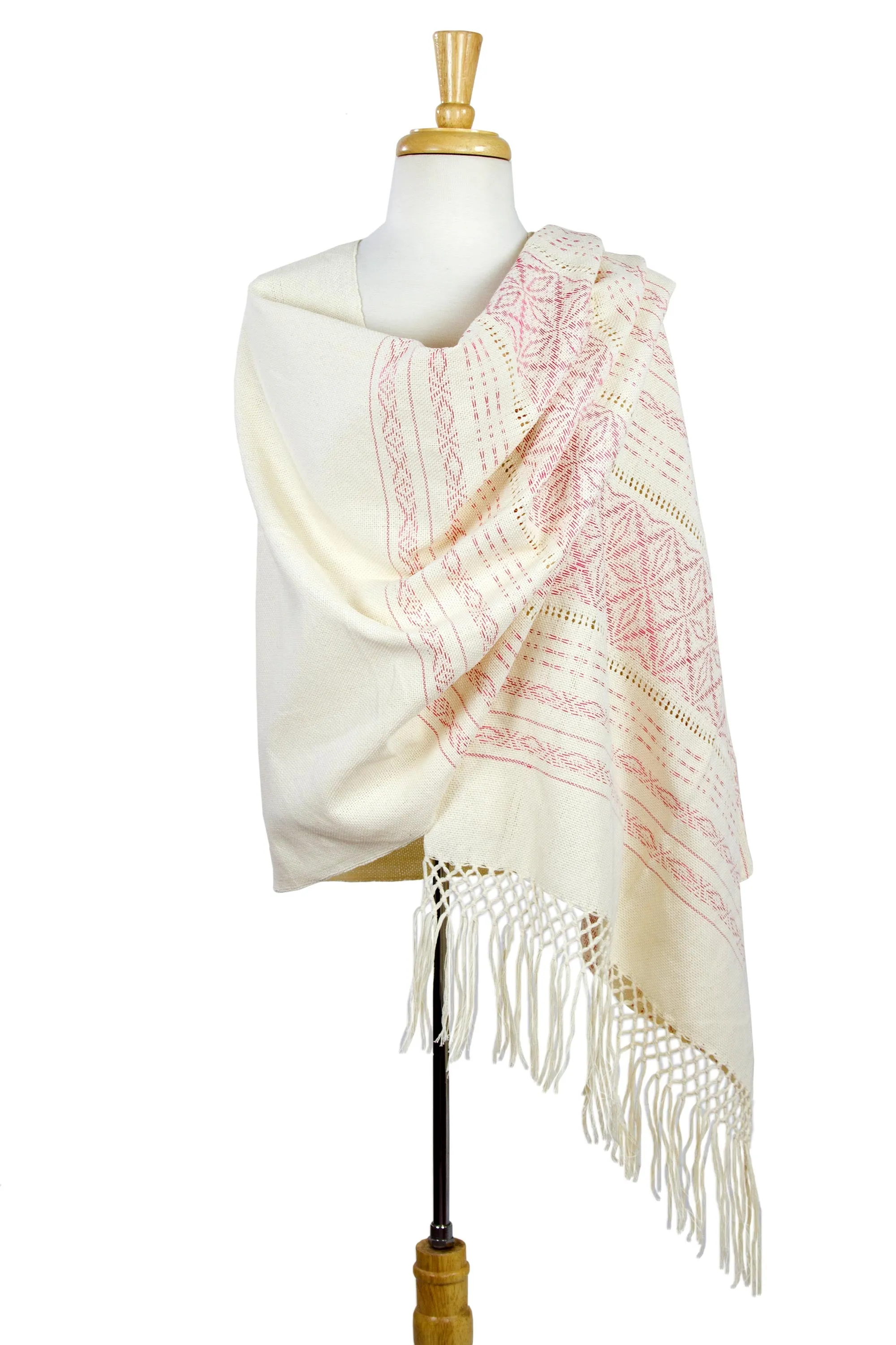 Pink and Creamy Shawl Handwoven from Cotton by Zapotec Artisans in Teotitlan