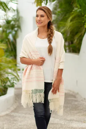 Pink and Creamy Shawl Handwoven from Cotton by Zapotec Artisans in Teotitlan