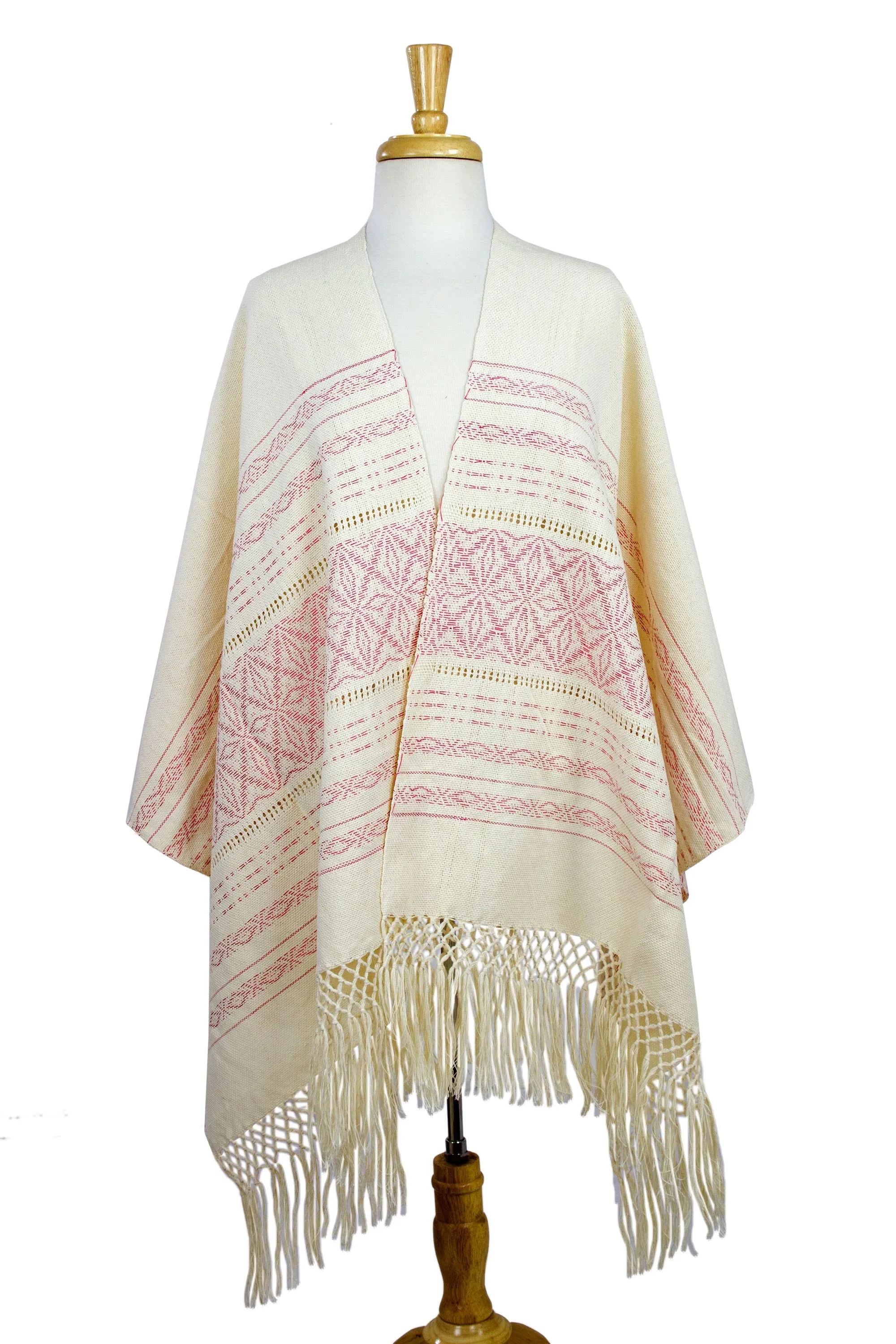 Pink and Creamy Shawl Handwoven from Cotton by Zapotec Artisans in Teotitlan