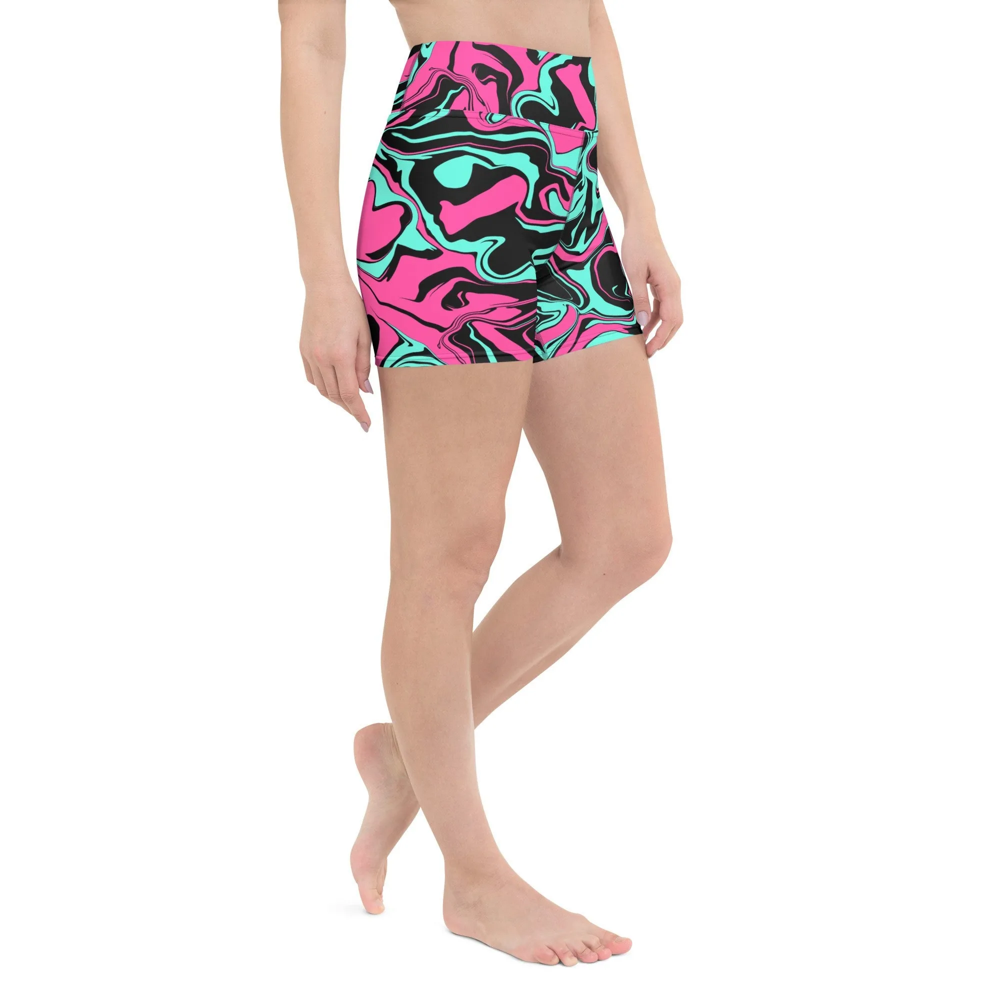 Pink Turquoise Black Abstract Melt Rave Ready Yoga Shorts w Inside Pocket