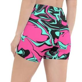 Pink Turquoise Black Abstract Melt Rave Ready Yoga Shorts w Inside Pocket