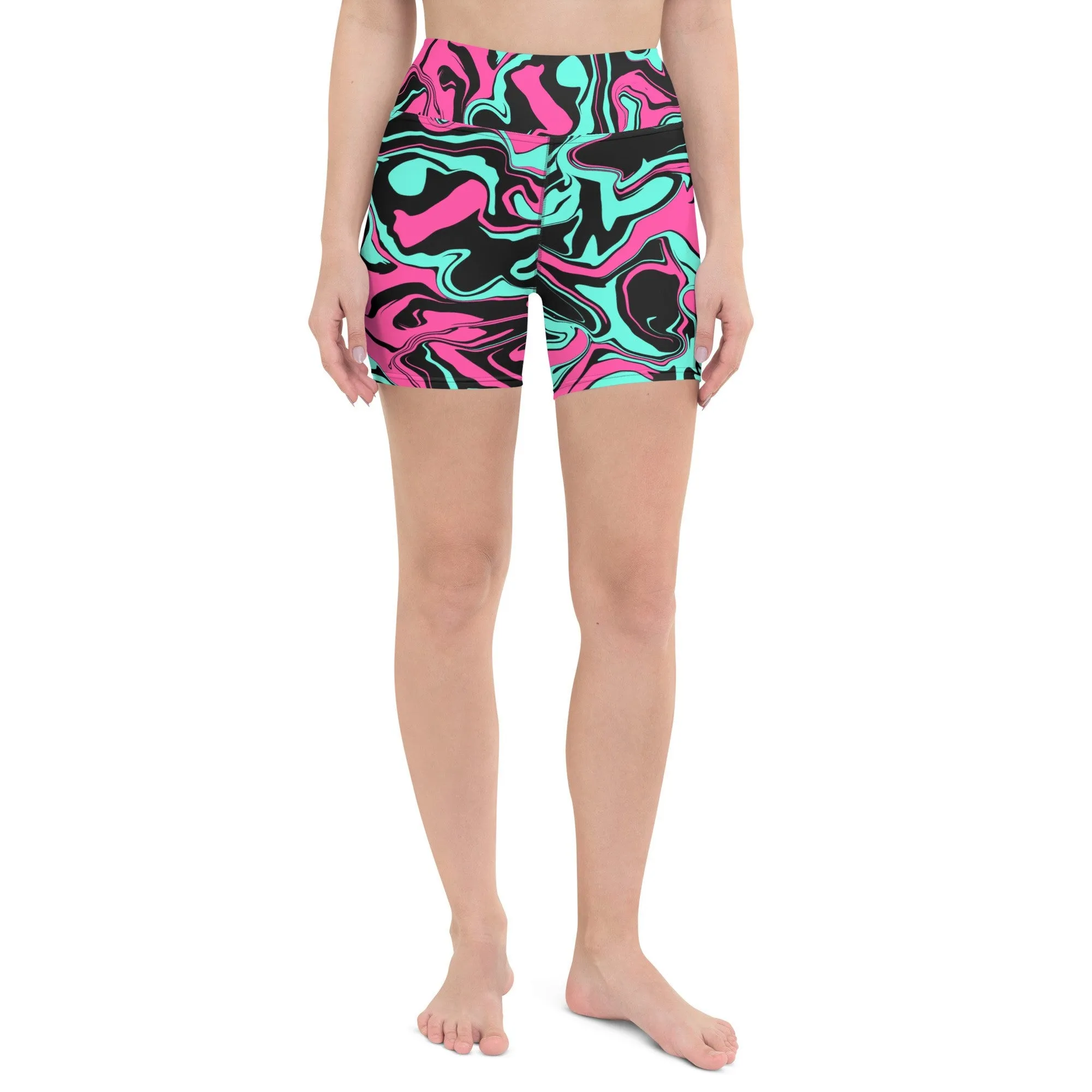 Pink Turquoise Black Abstract Melt Rave Ready Yoga Shorts w Inside Pocket