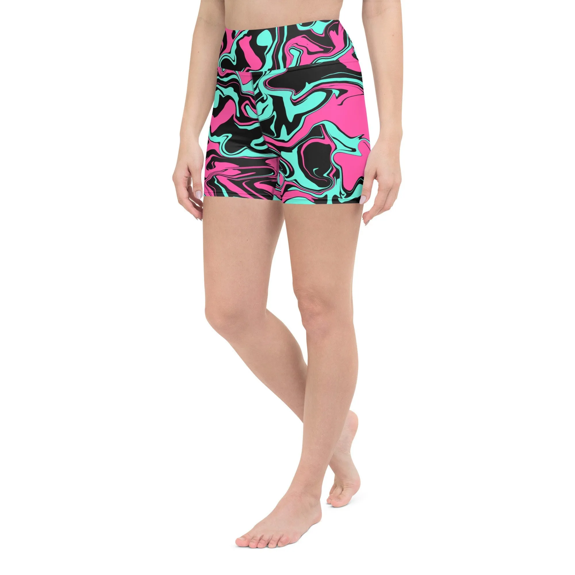 Pink Turquoise Black Abstract Melt Rave Ready Yoga Shorts w Inside Pocket