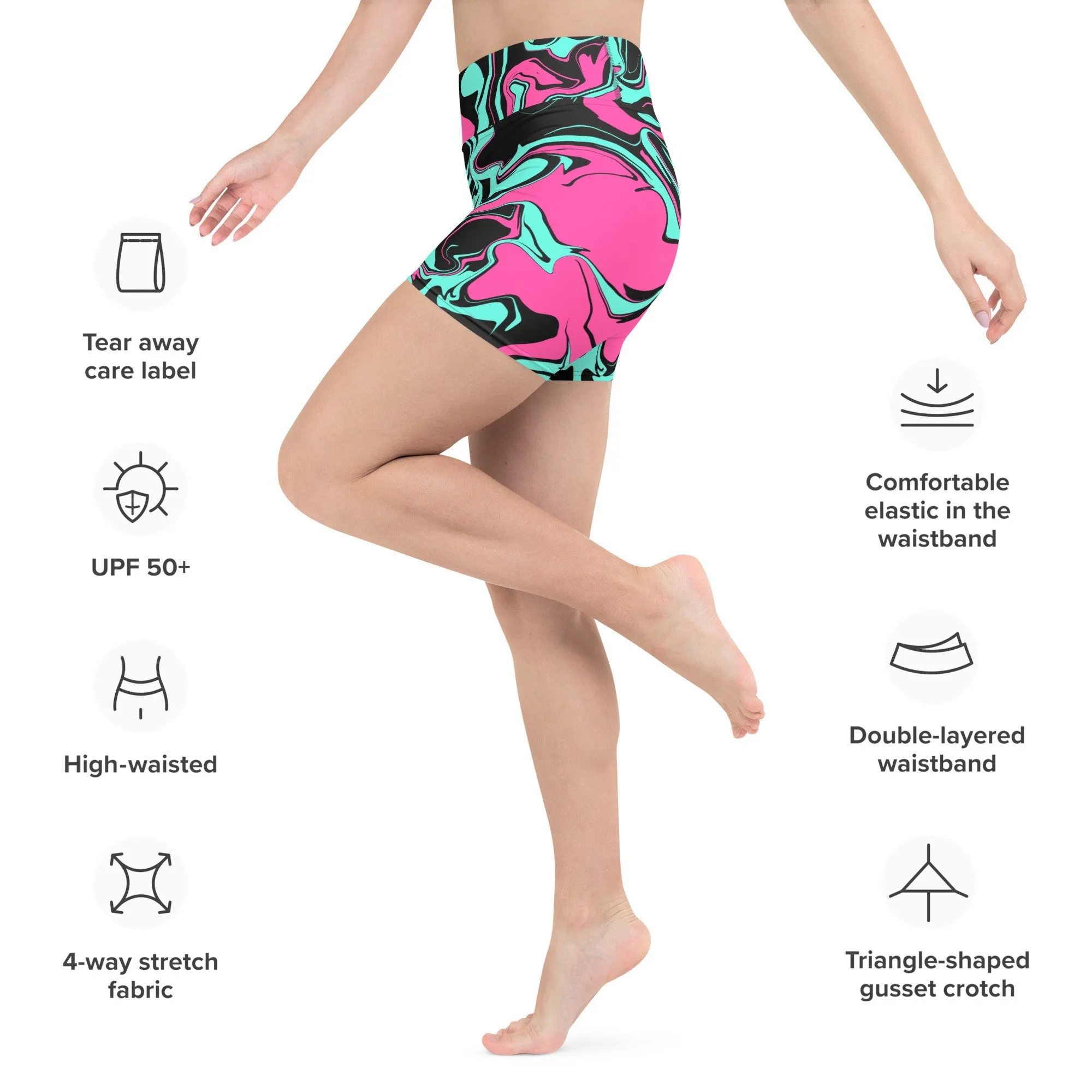 Pink Turquoise Black Abstract Melt Rave Ready Yoga Shorts w Inside Pocket