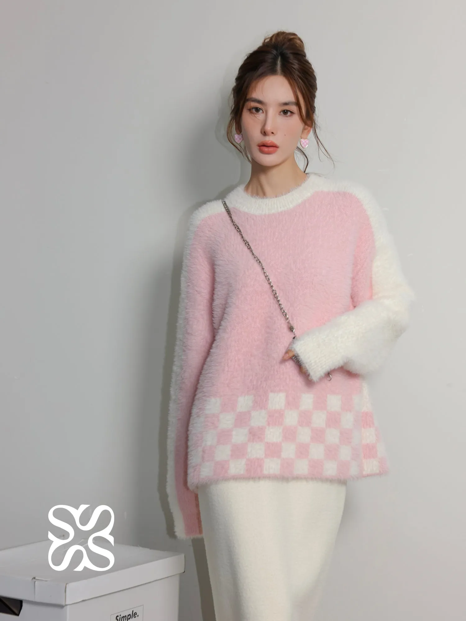 Pink White Checkered Sweater