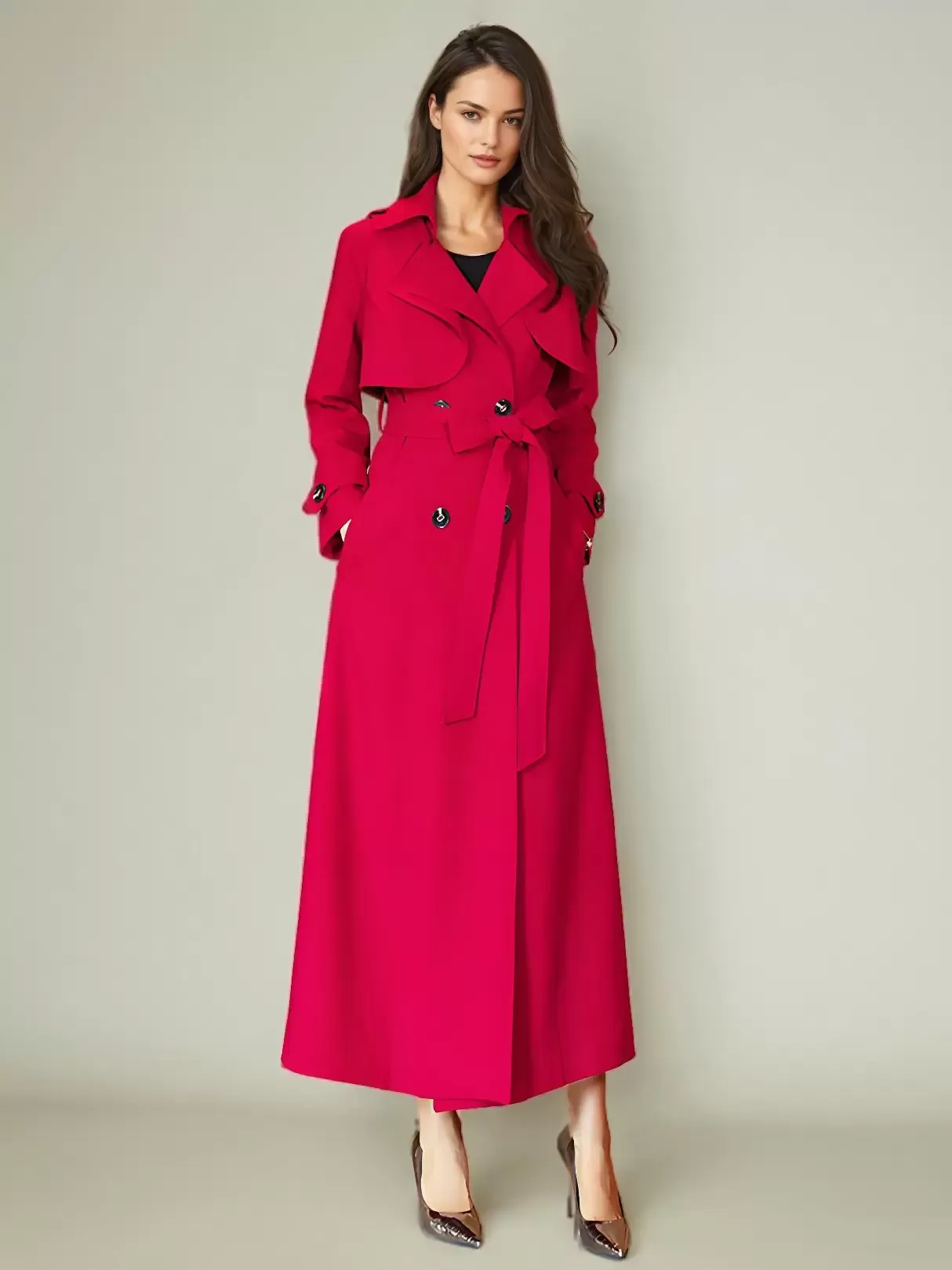 Polyester Women's Trench Coat with Turndown Collar and Buttons - Full Length Design