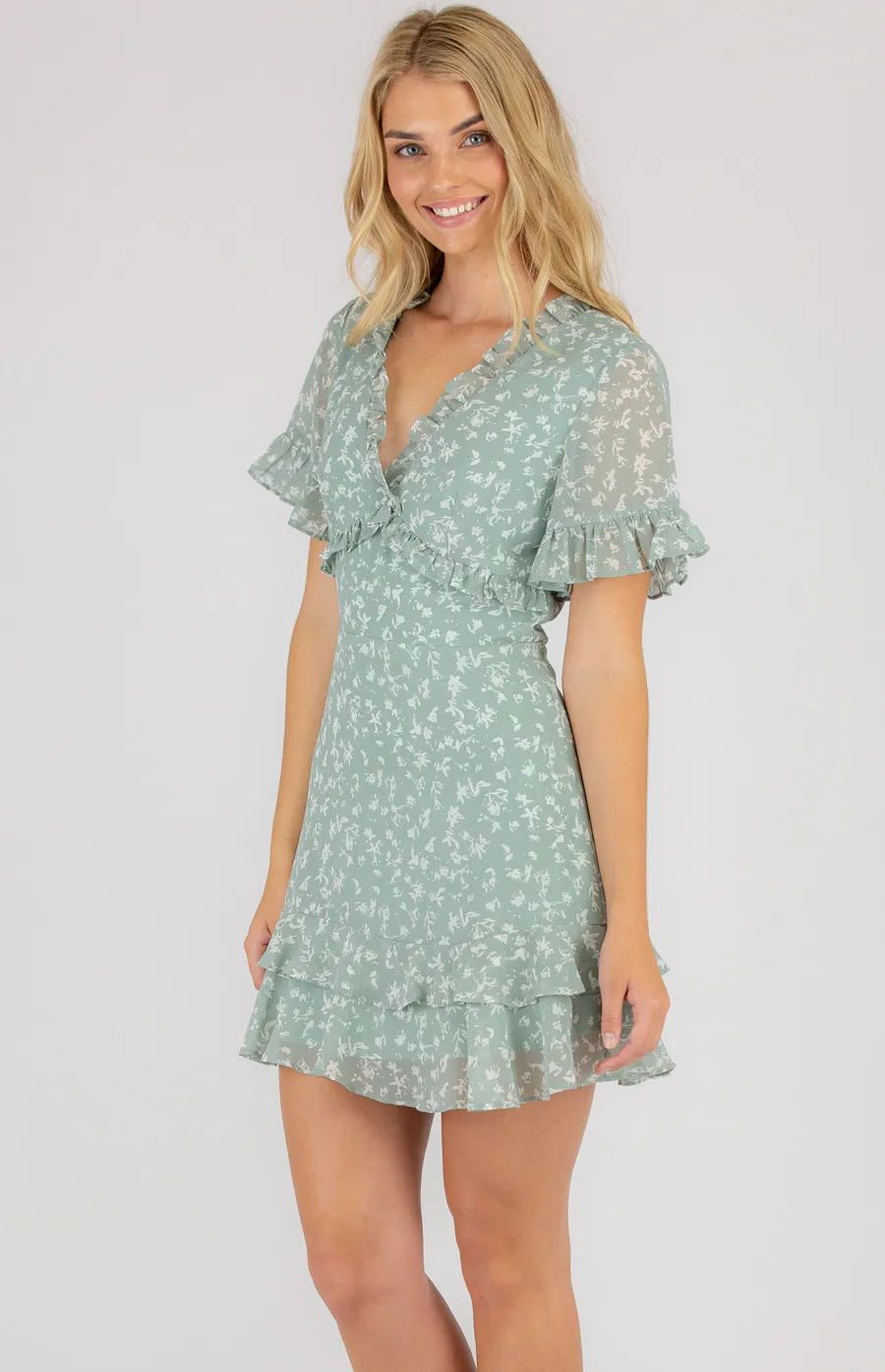 Printed V-Neckline Dress with Ruffle Details ADR1028B