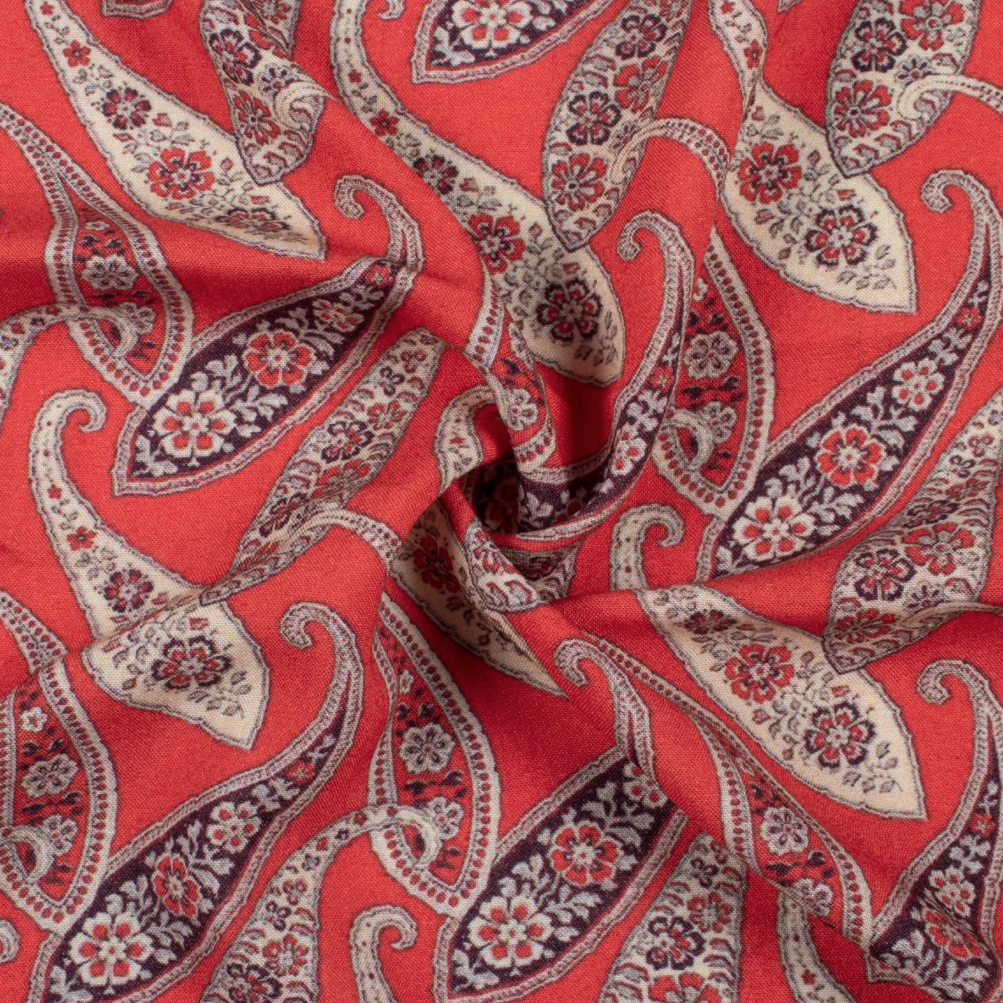 Red Beige Paisley Print Viscose Rayon Fabric - 58 Width