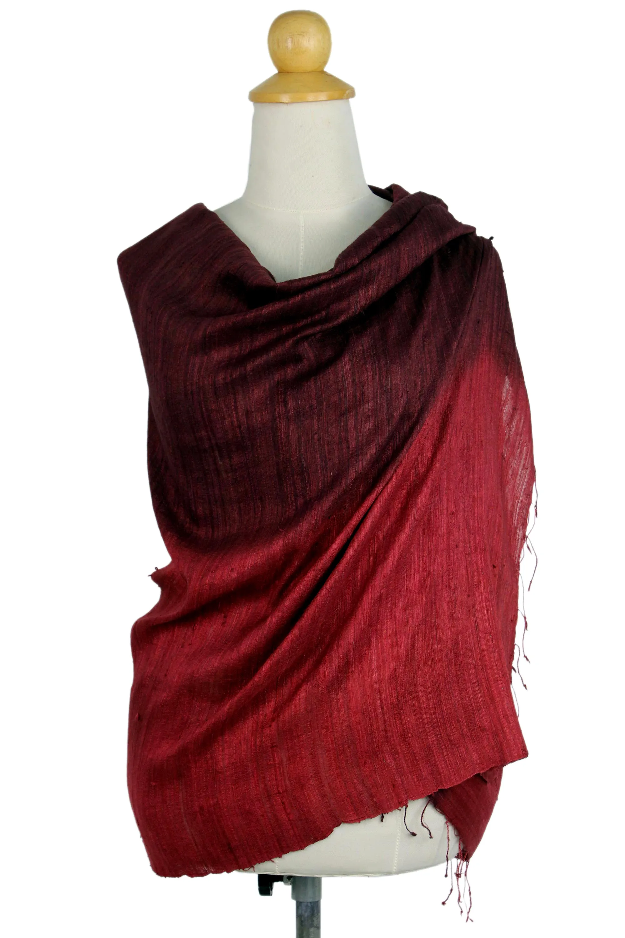 Red Peony Silk Shawl with Fringe from Thailand - Artisan Crafted