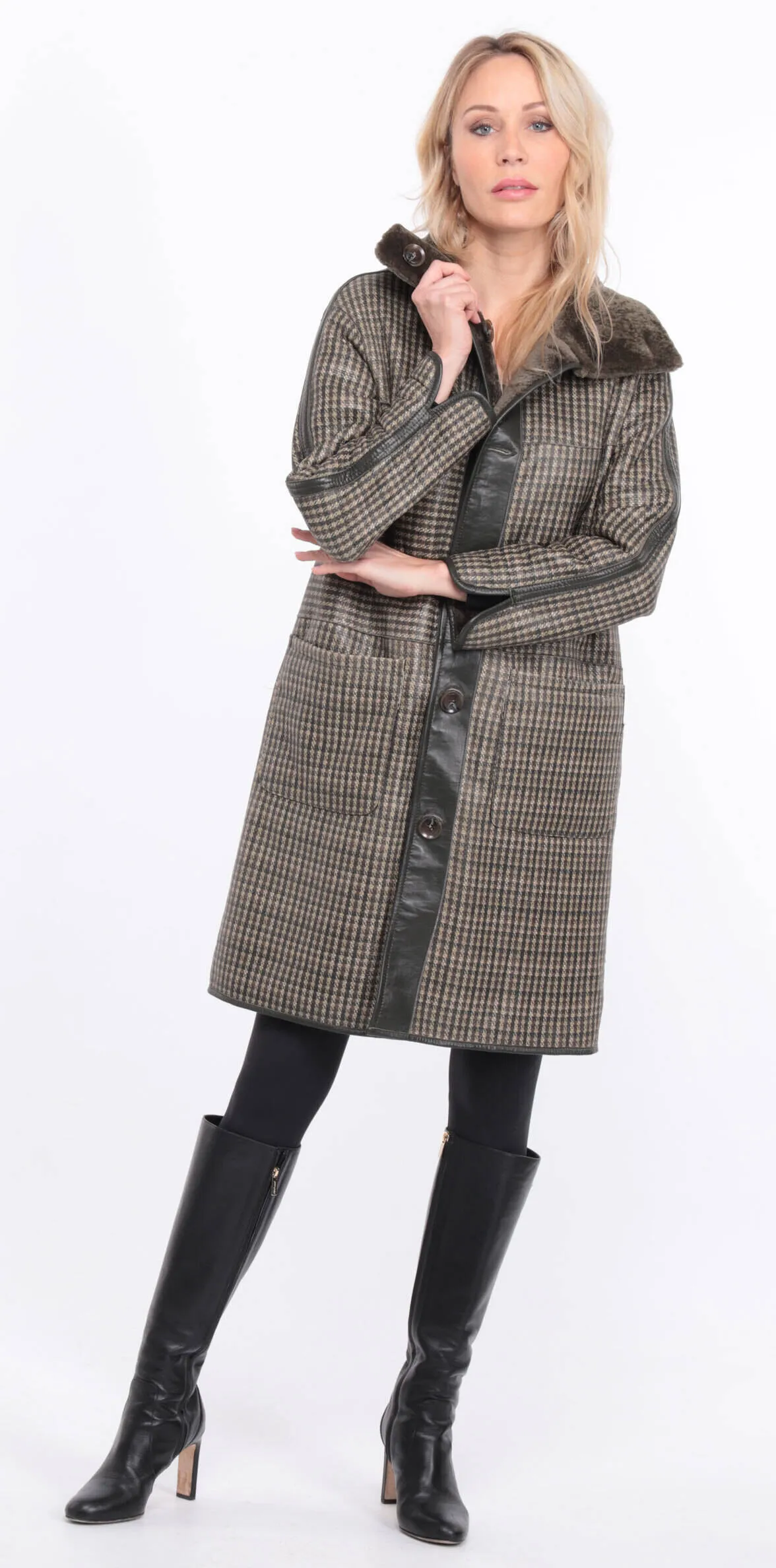 Reversible khaki sheepskin coat for women