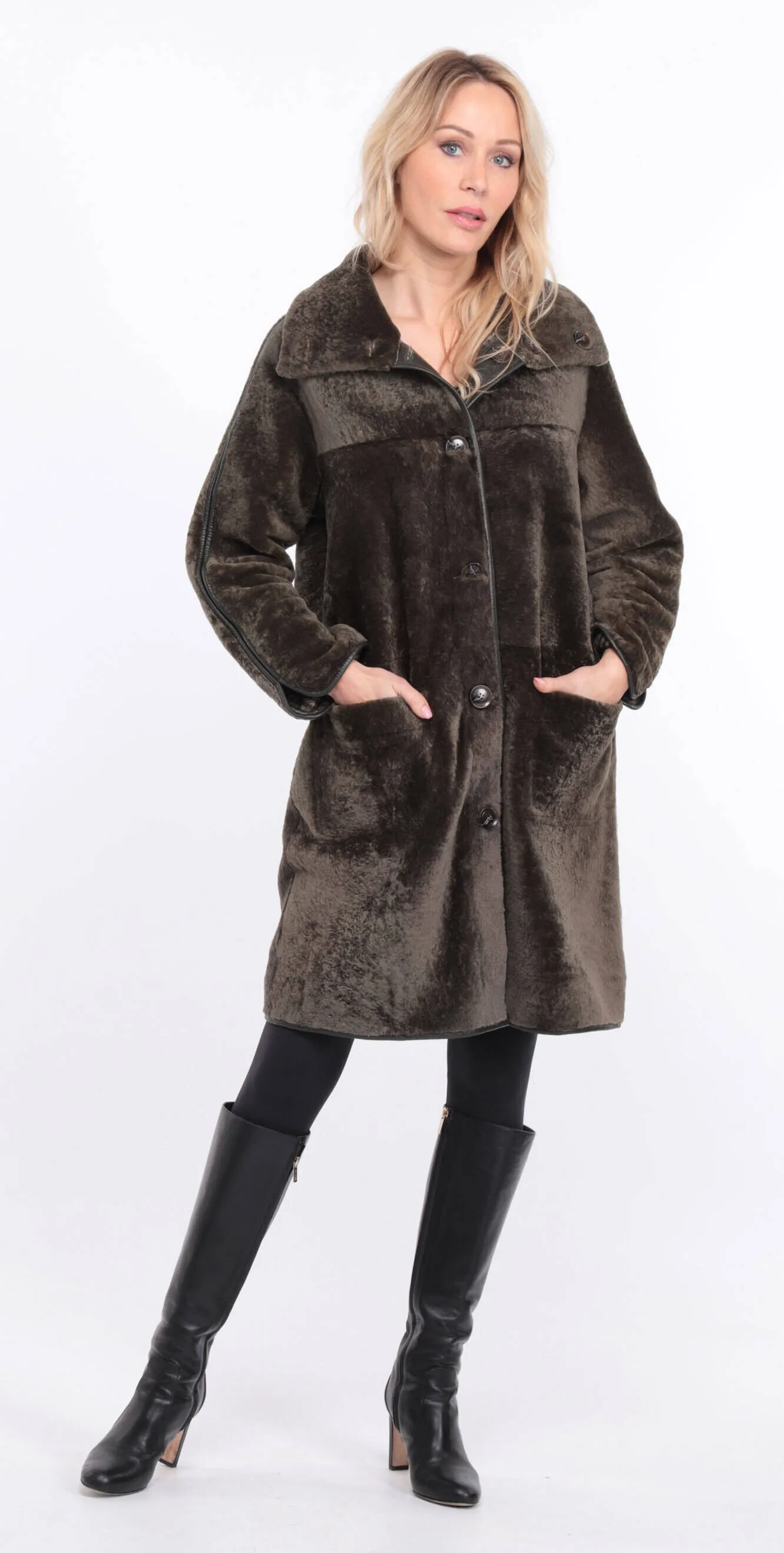 Reversible khaki sheepskin coat for women