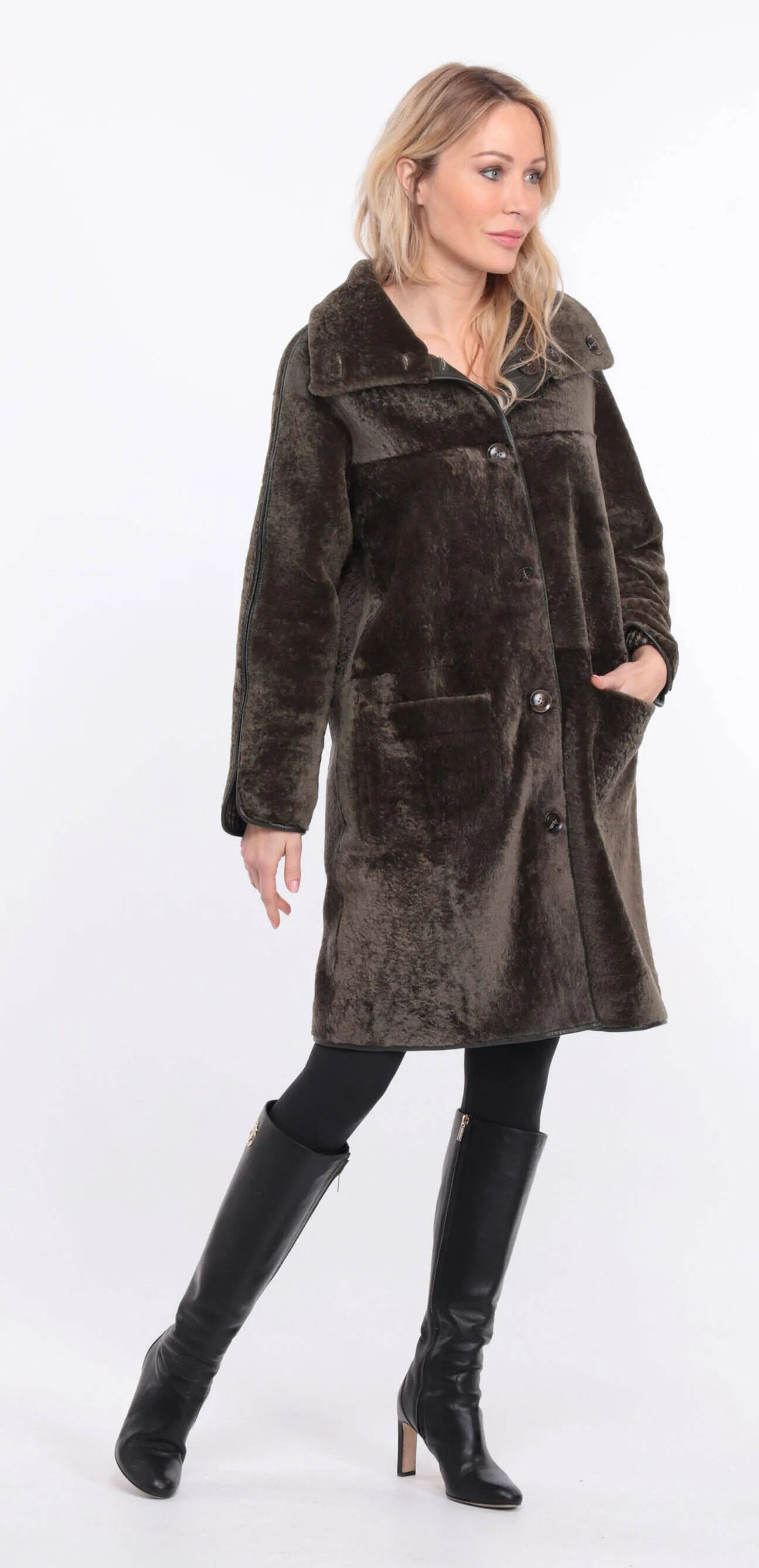 Reversible khaki sheepskin coat for women