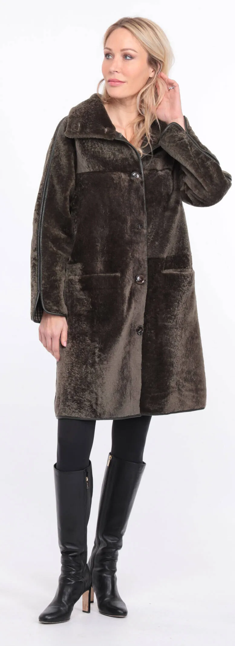 Reversible khaki sheepskin coat for women