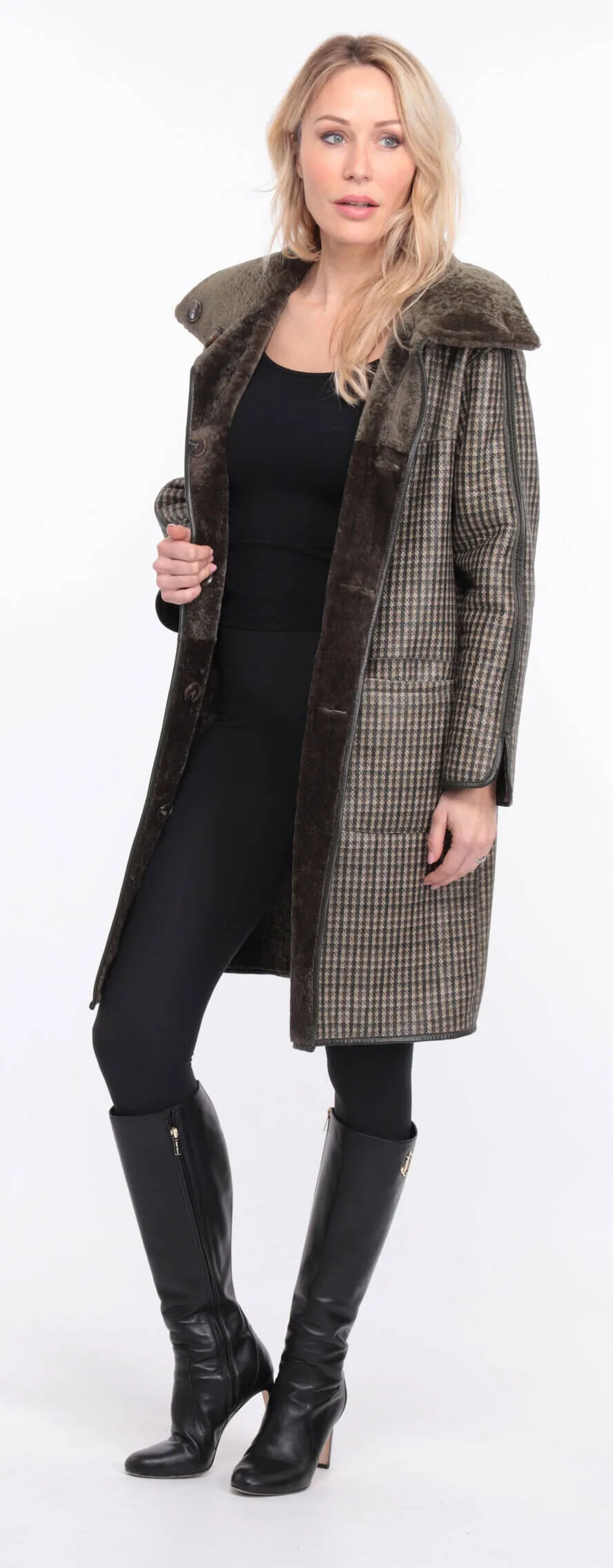 Reversible khaki sheepskin coat for women