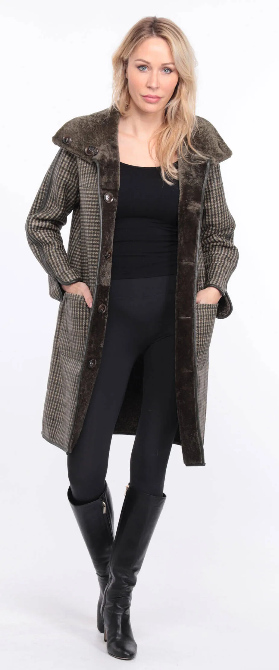 Reversible khaki sheepskin coat for women