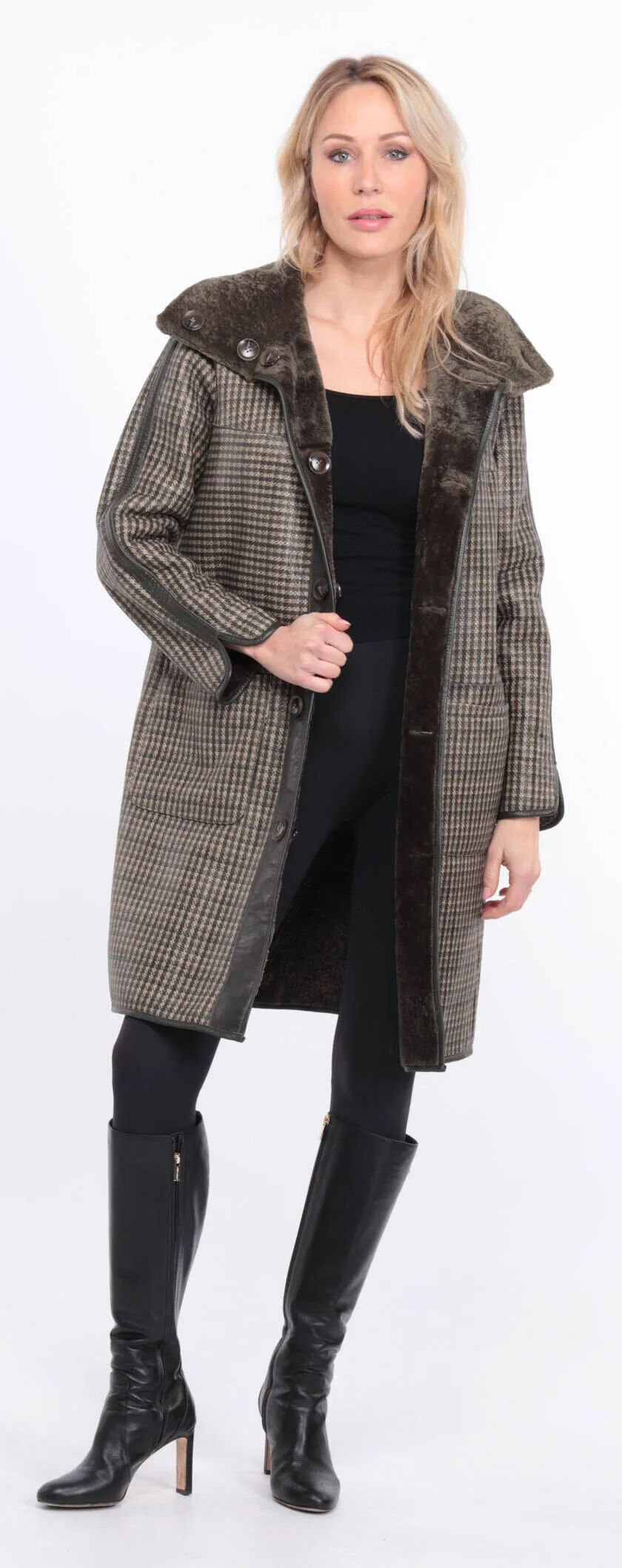 Reversible khaki sheepskin coat for women