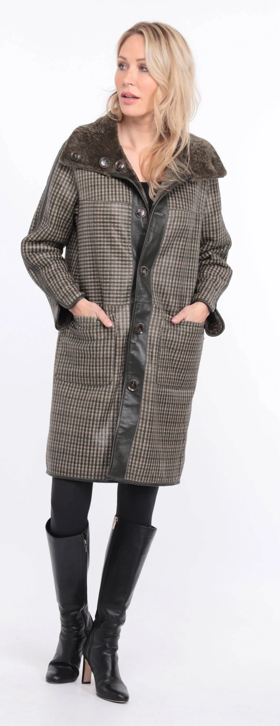 Reversible khaki sheepskin coat for women