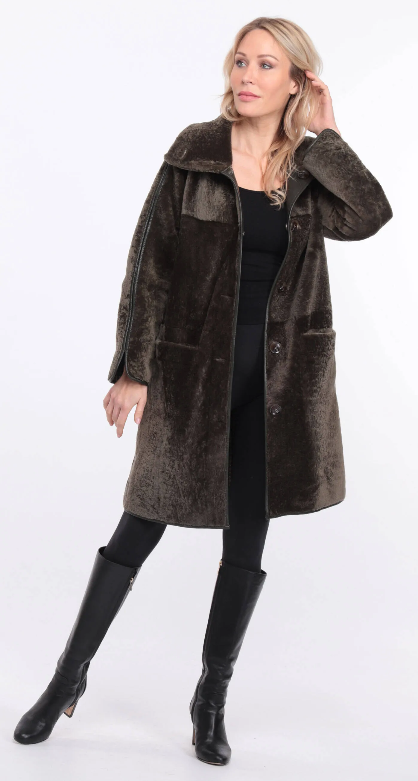 Reversible khaki sheepskin coat for women