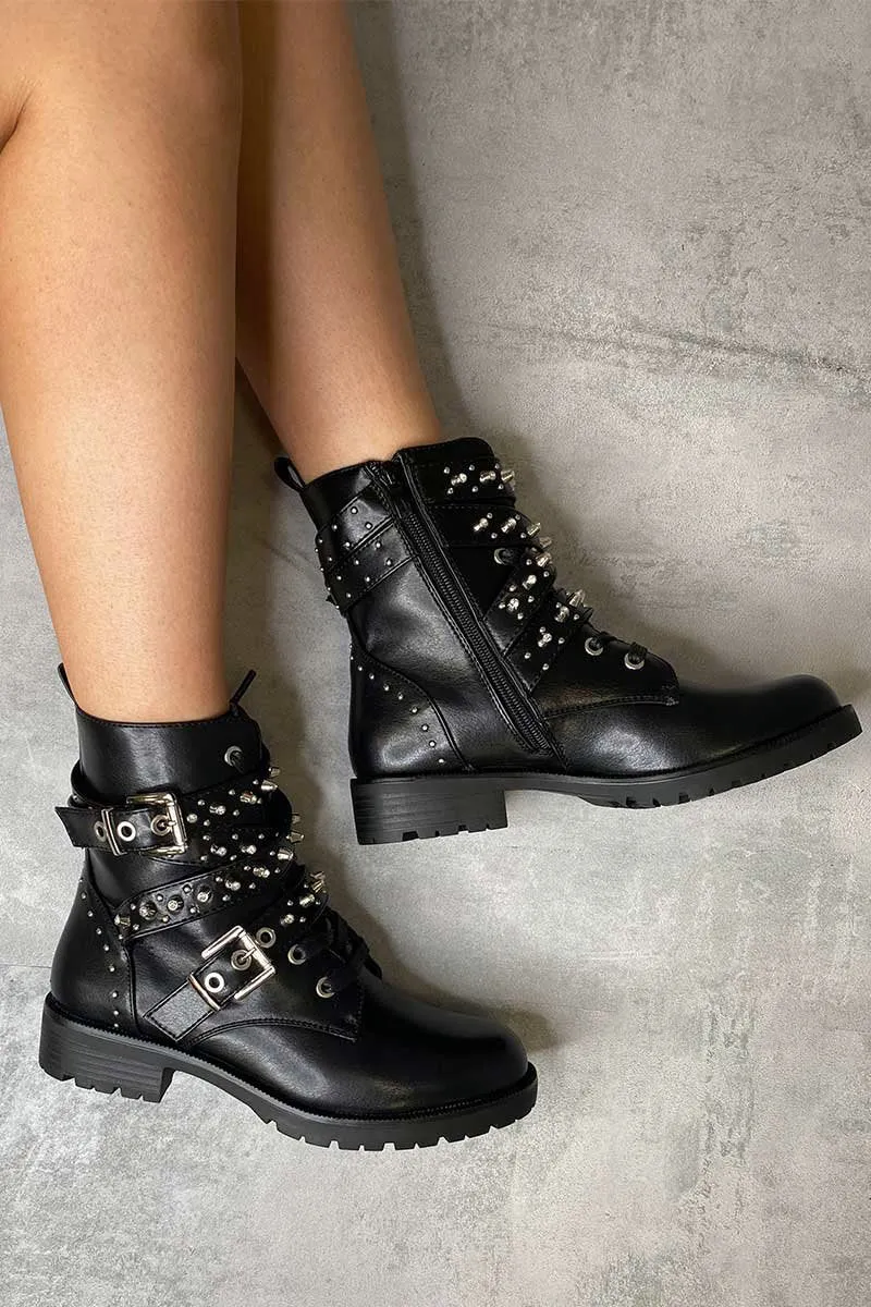 Saina Black Biker Boots with Buckle Strap and Stud Detail in Faux Leather