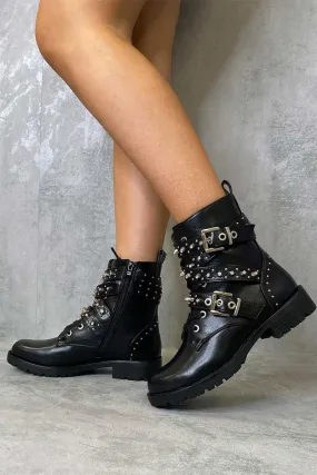 Saina Black Biker Boots with Buckle Strap and Stud Detail in Faux Leather