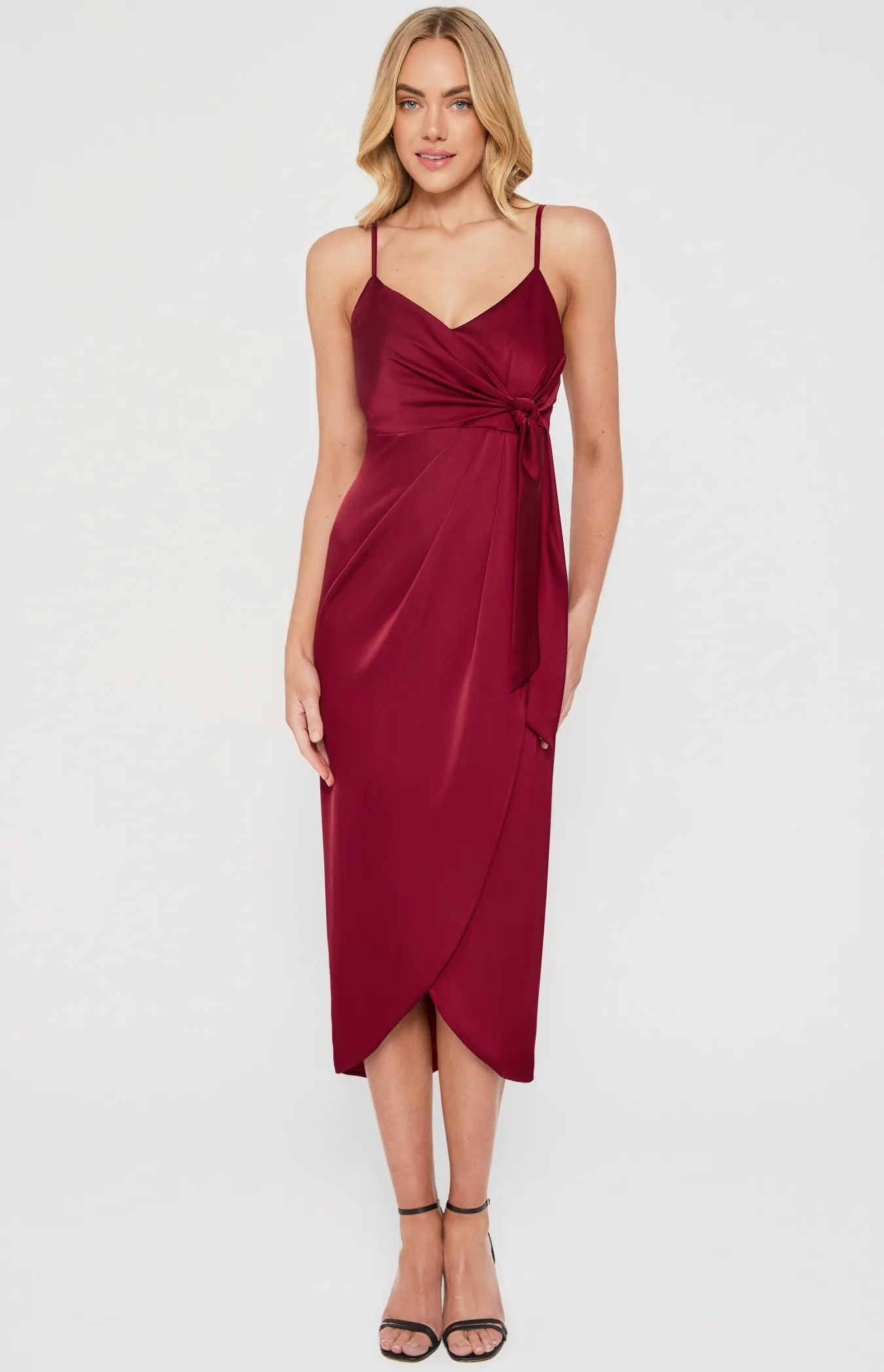 Satin Midi Tulip Hem Dress with Front Tie Detail