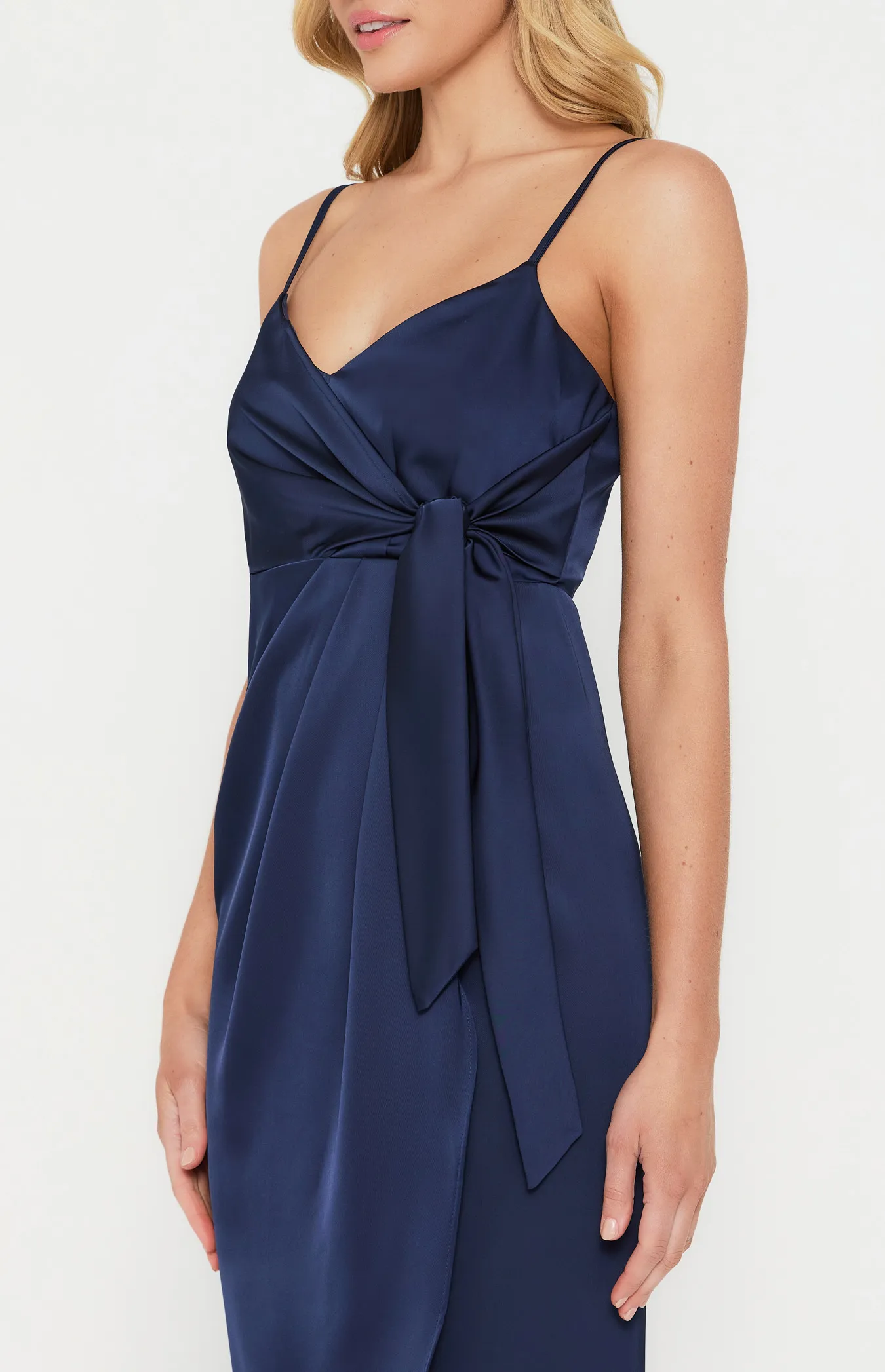 Satin Midi Tulip Hem Dress with Front Tie Detail