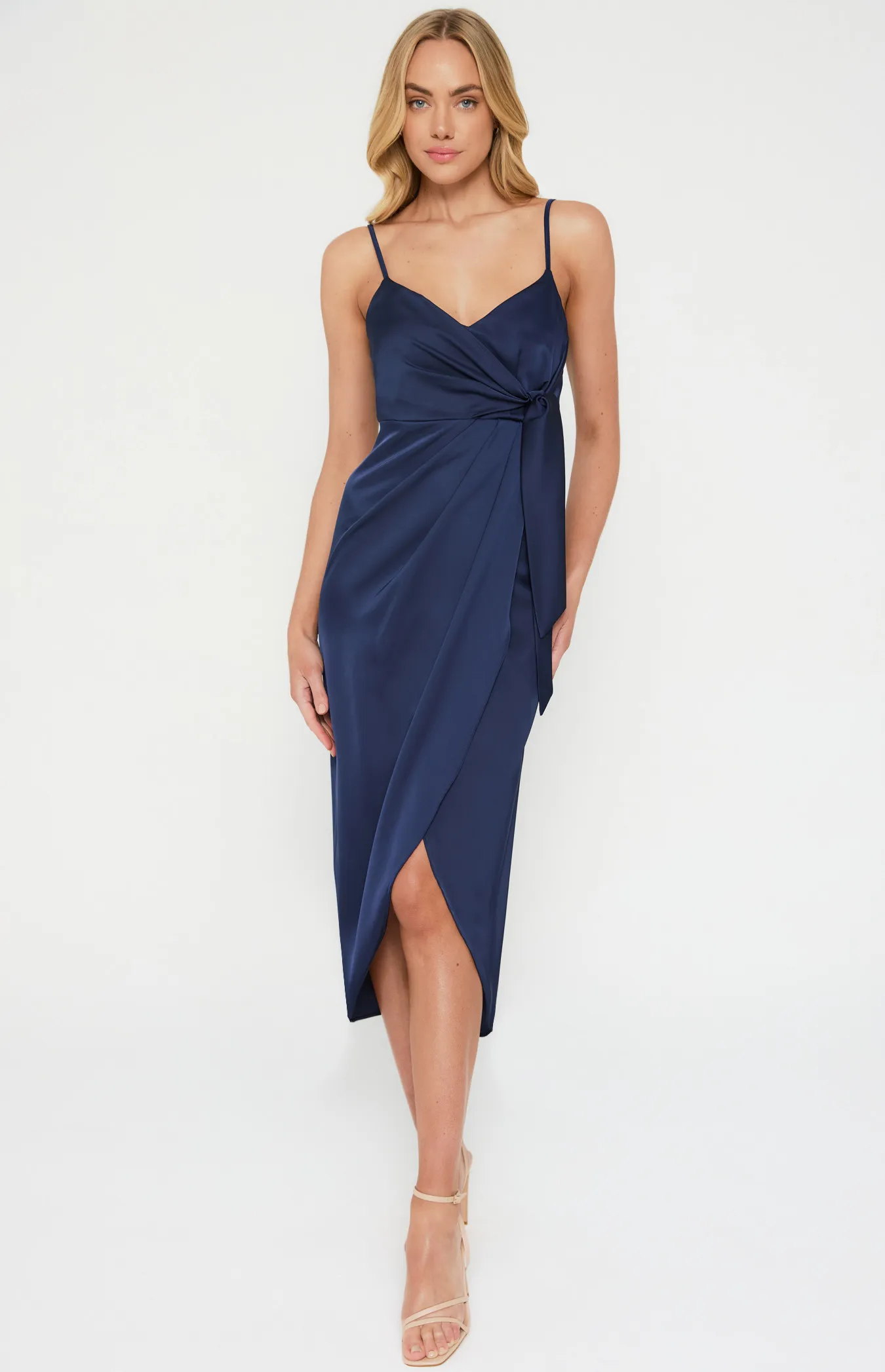 Satin Midi Tulip Hem Dress with Front Tie Detail