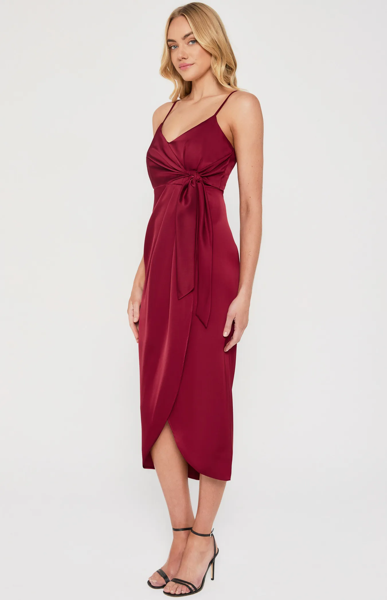 Satin Midi Tulip Hem Dress with Front Tie Detail