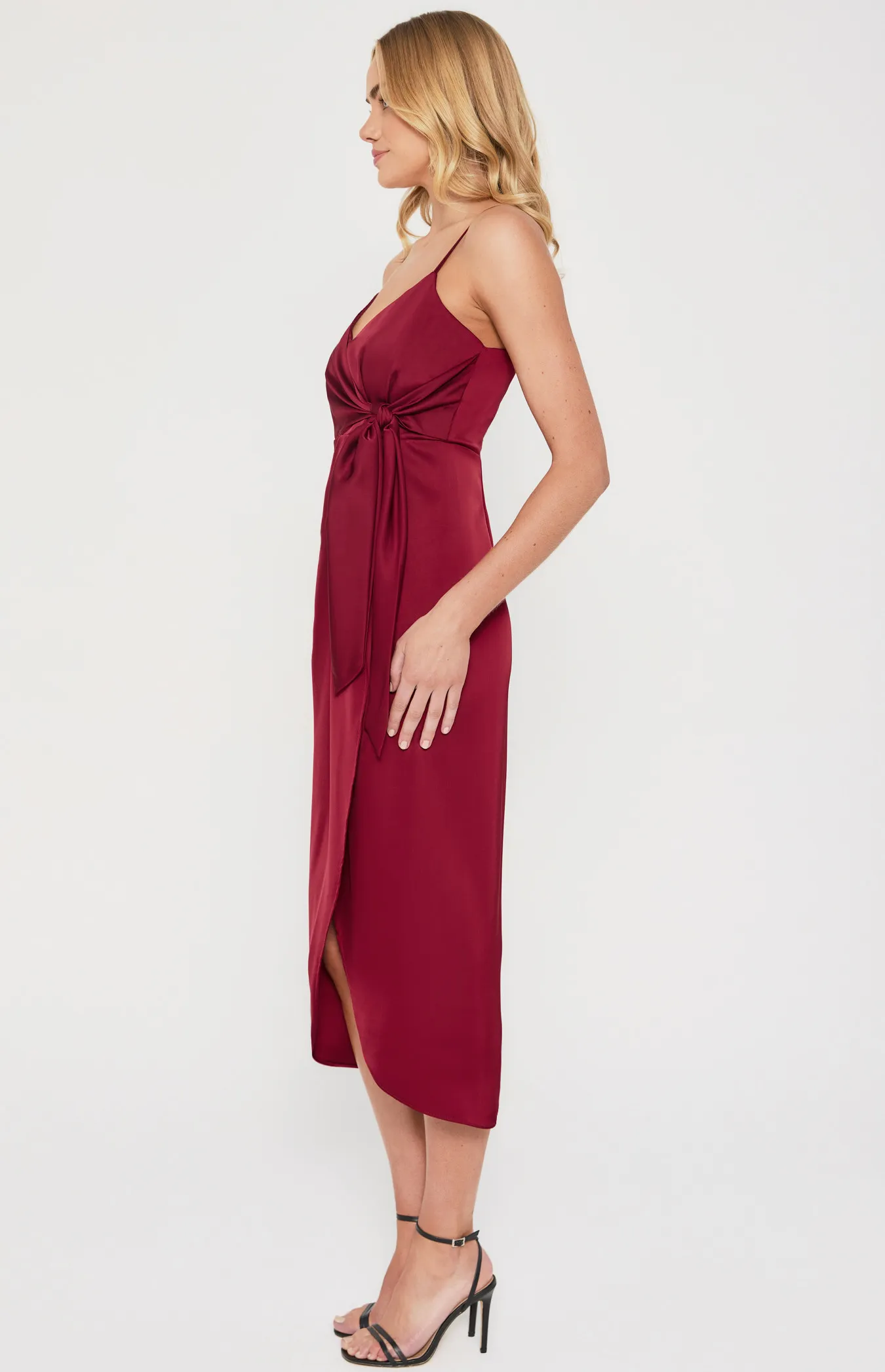 Satin Midi Tulip Hem Dress with Front Tie Detail