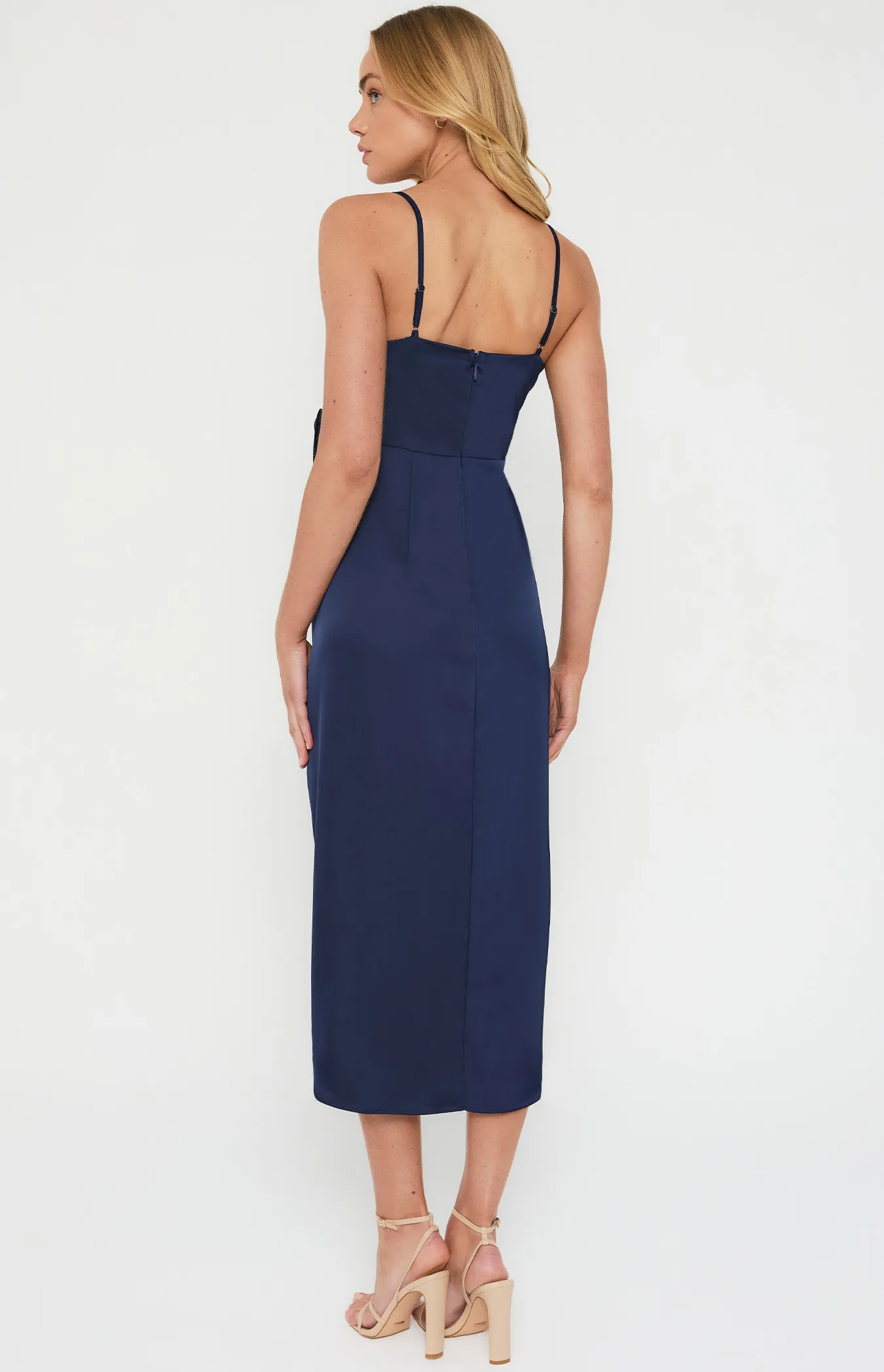 Satin Midi Tulip Hem Dress with Front Tie Detail