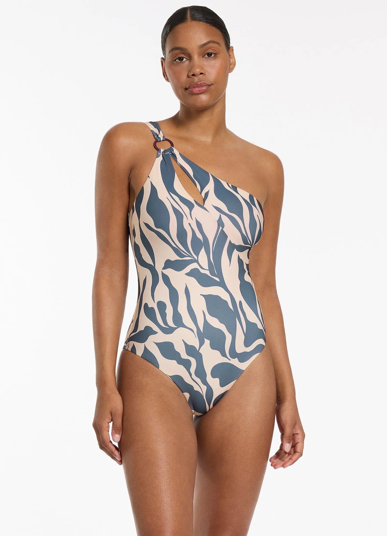 Sereno Steel Blue One Shoulder Ring Swimsuit