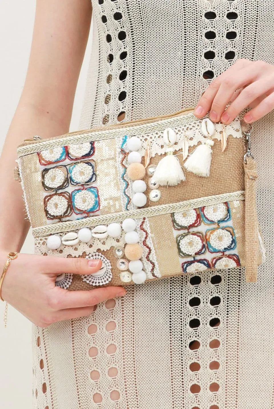 Nude Shell Detail Boho Clutch Bag