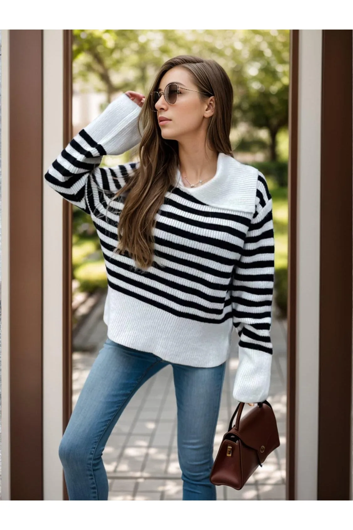 Sonia Striped Collared Neck Long Sleeve Sweater can be rewritten as Striped Collared Neck Long Sleeve Sweater - Sonia.