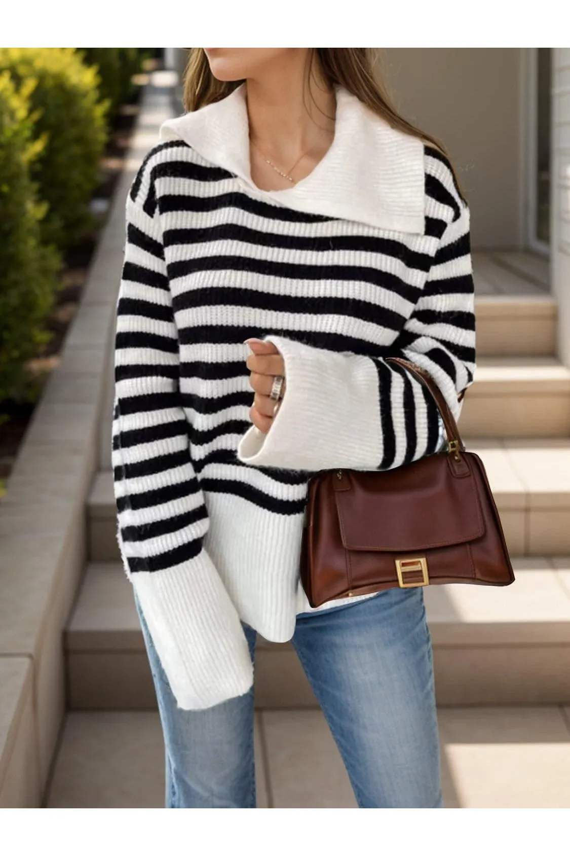 Sonia Striped Collared Neck Long Sleeve Sweater can be rewritten as Striped Collared Neck Long Sleeve Sweater - Sonia.