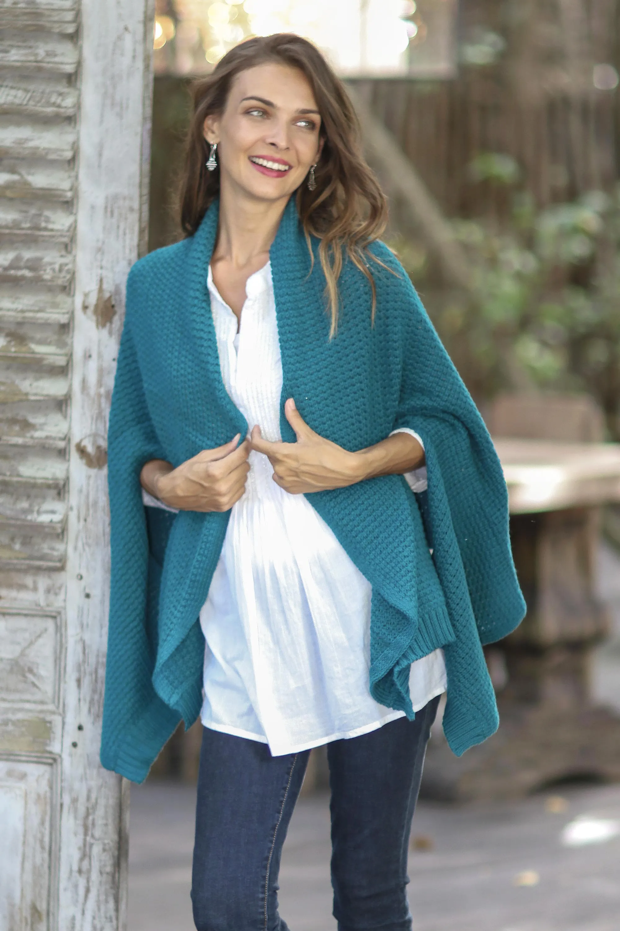 Teal Patterned Knit Cotton Shawl - Chic Warmth from Thailand