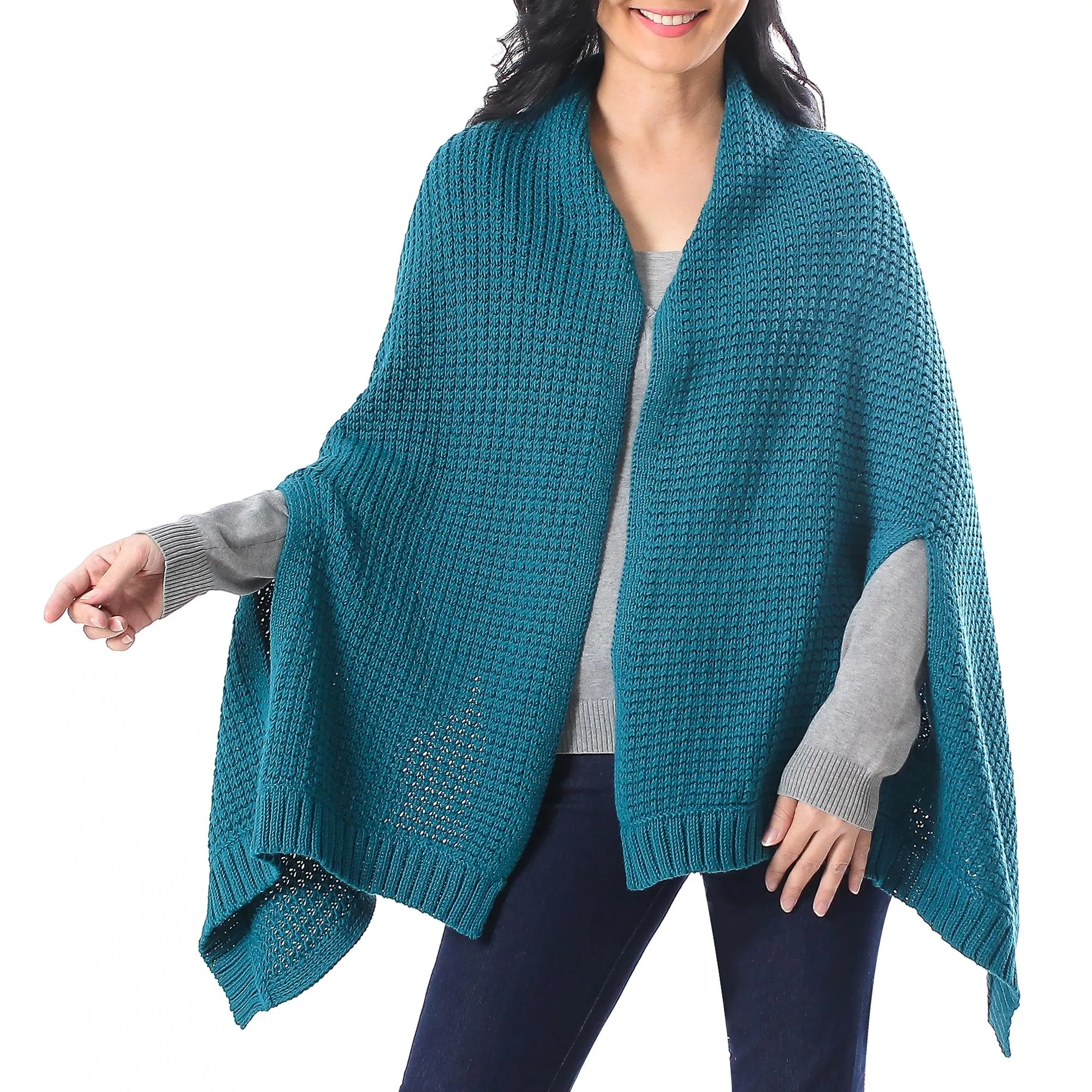 Teal Patterned Knit Cotton Shawl - Chic Warmth from Thailand