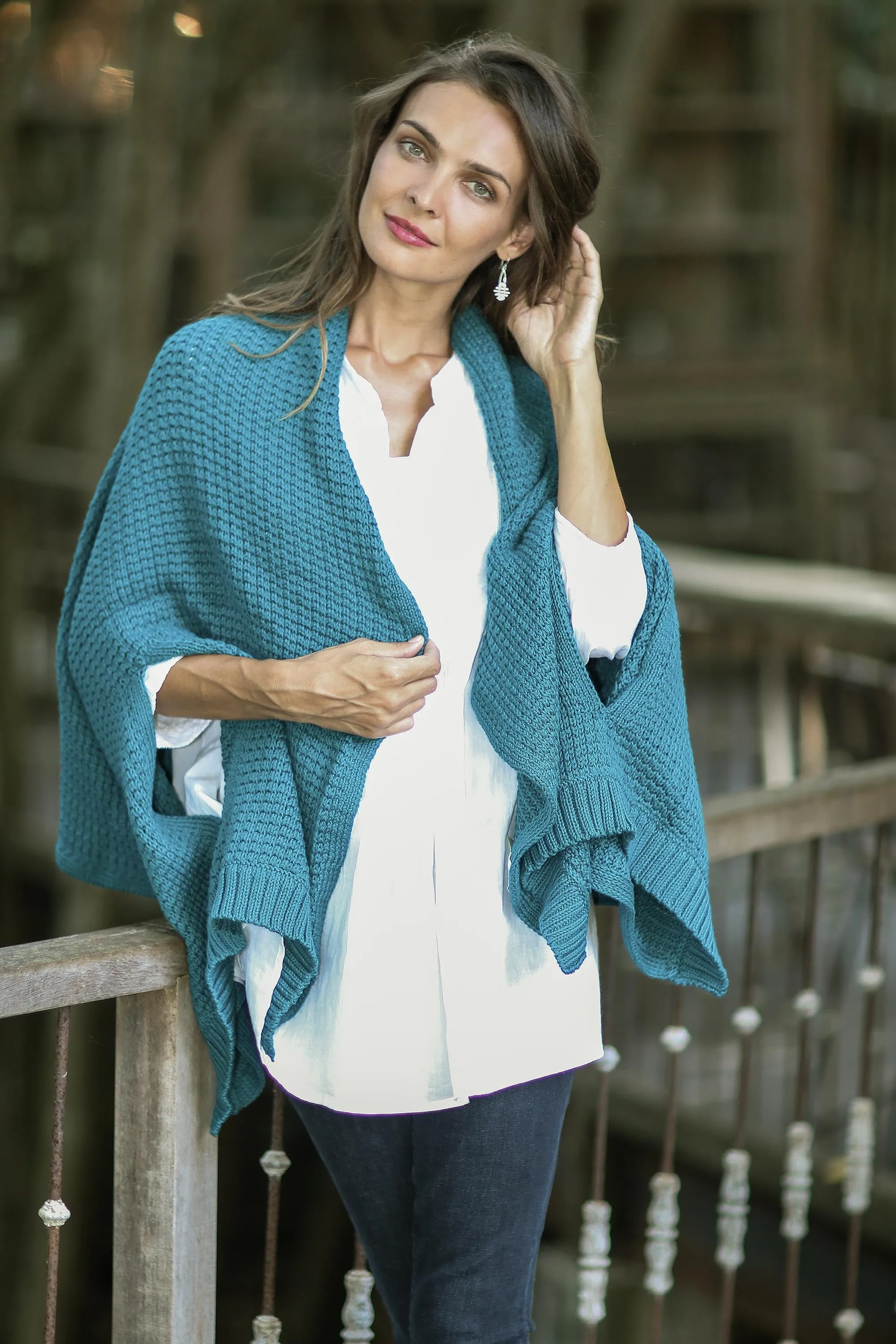 Teal Patterned Knit Cotton Shawl - Chic Warmth from Thailand