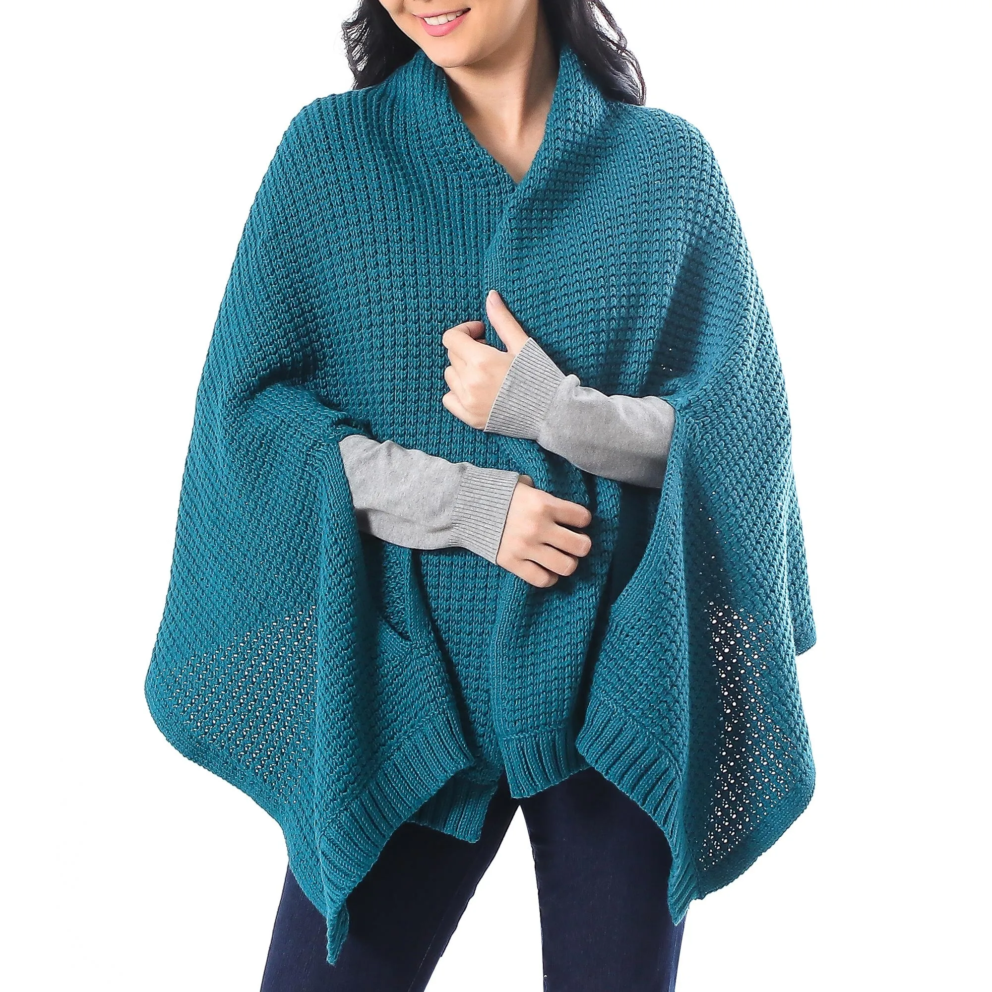 Teal Patterned Knit Cotton Shawl - Chic Warmth from Thailand