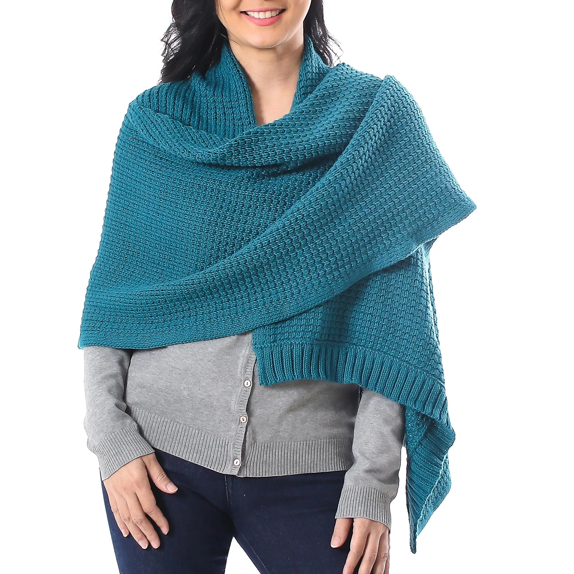 Teal Patterned Knit Cotton Shawl - Chic Warmth from Thailand