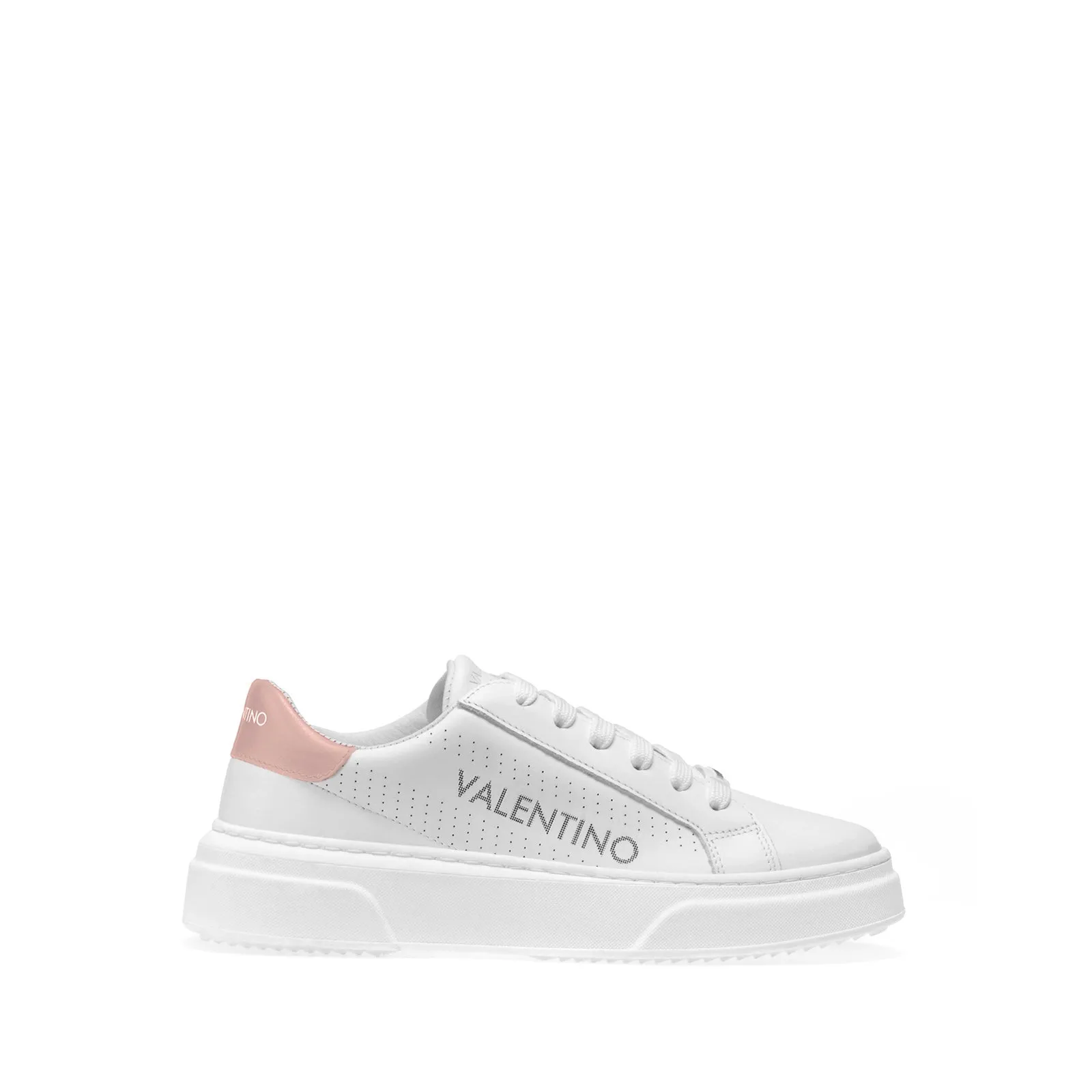 VALENTINO Lace Up Sneaker in White Leather and Pink Inlay